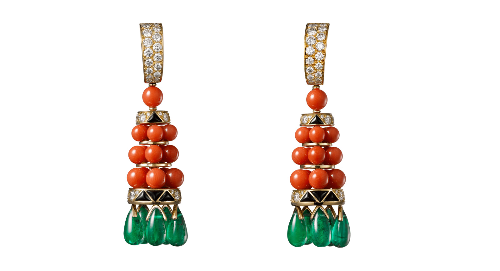  Résonances de Cartier tassel earrings in yellow gold, coral, emeralds, onyx, diamonds