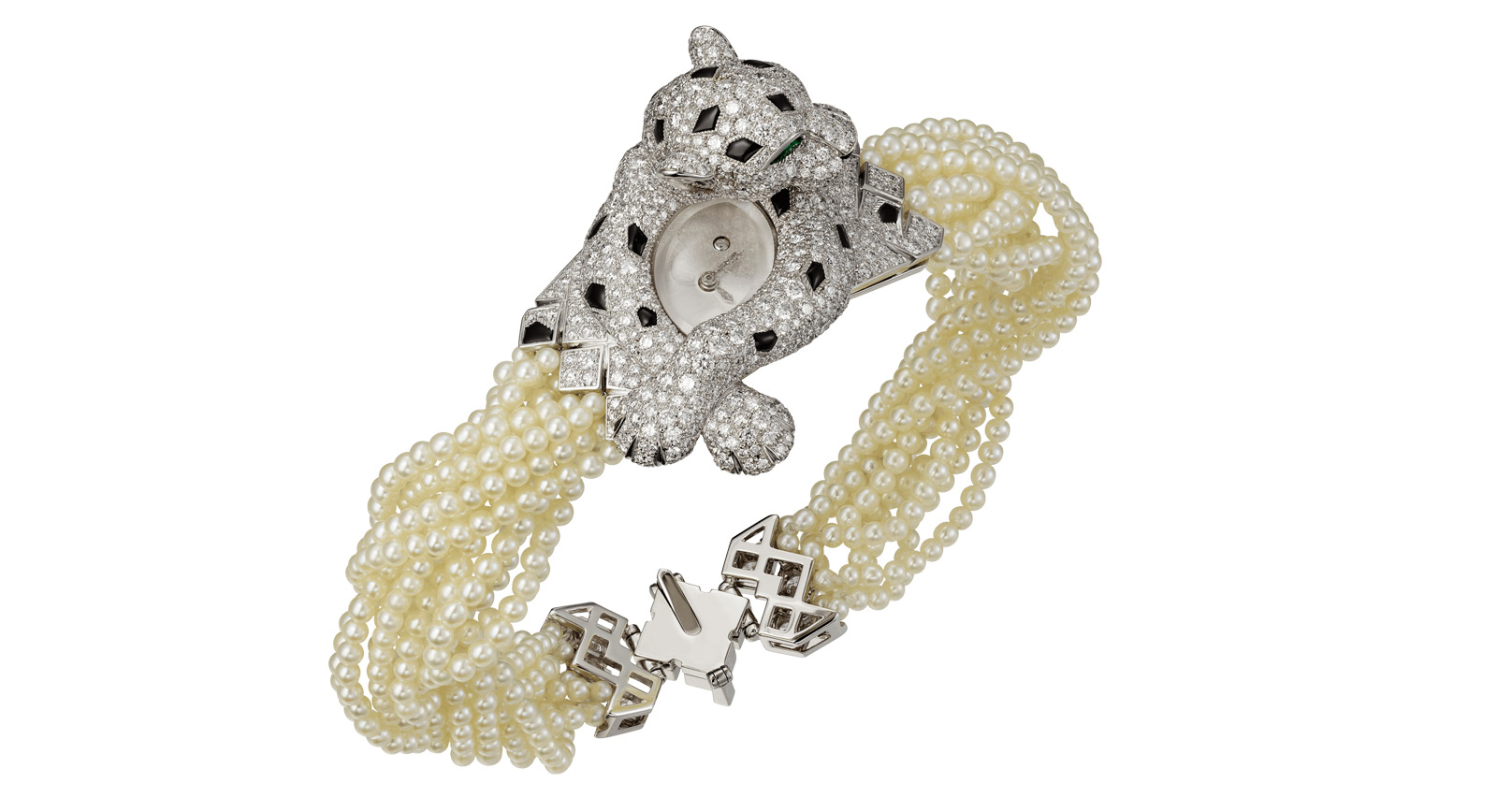  Résonances de Cartier watch in white gold with pearls, emeralds, onyx and diamonds