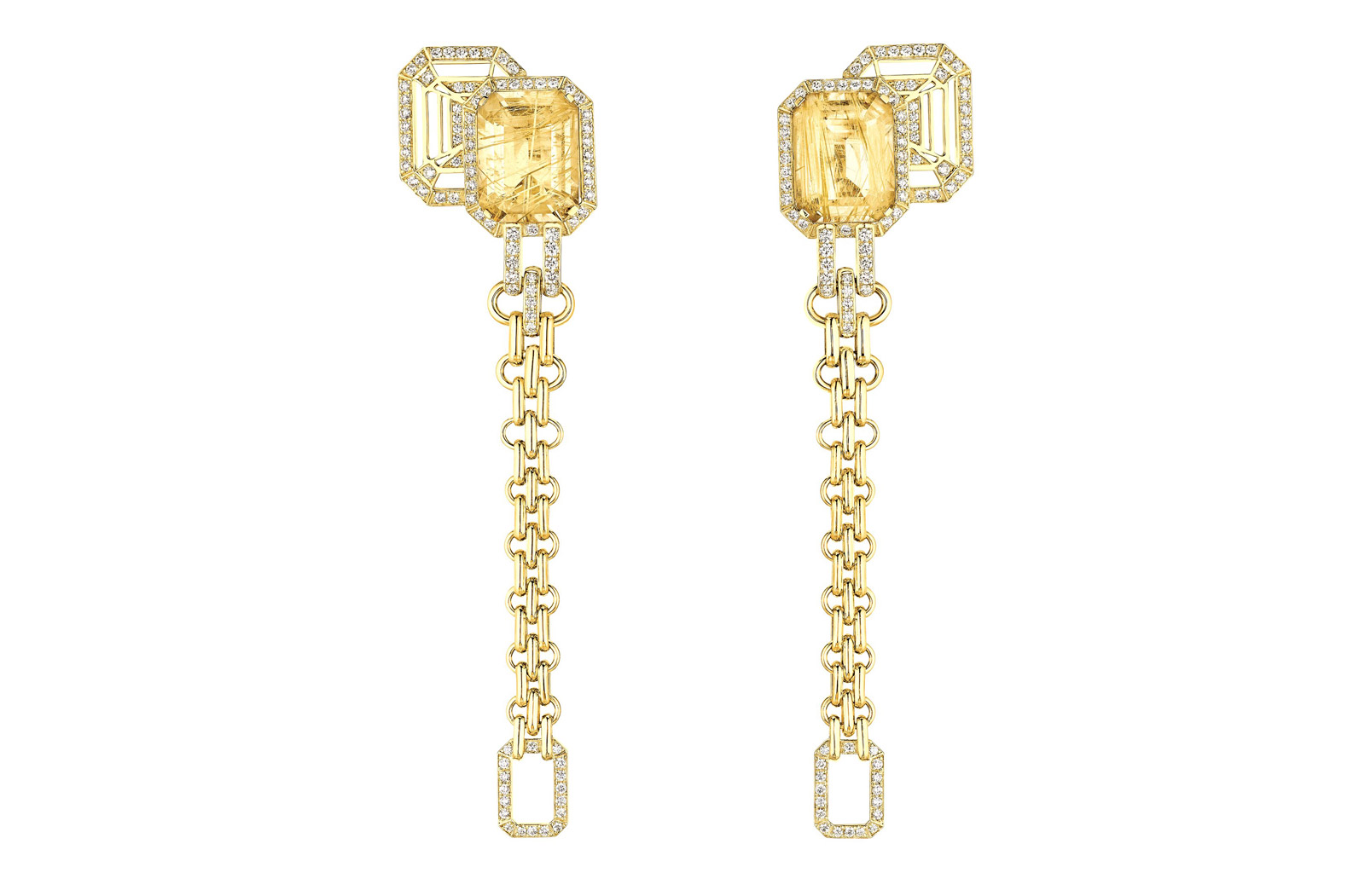  MY CHAIN EARRINGS IN 18K YELLOW GOLD, RUTILATED SMOKY QUARTZ AND DIAMONDS
