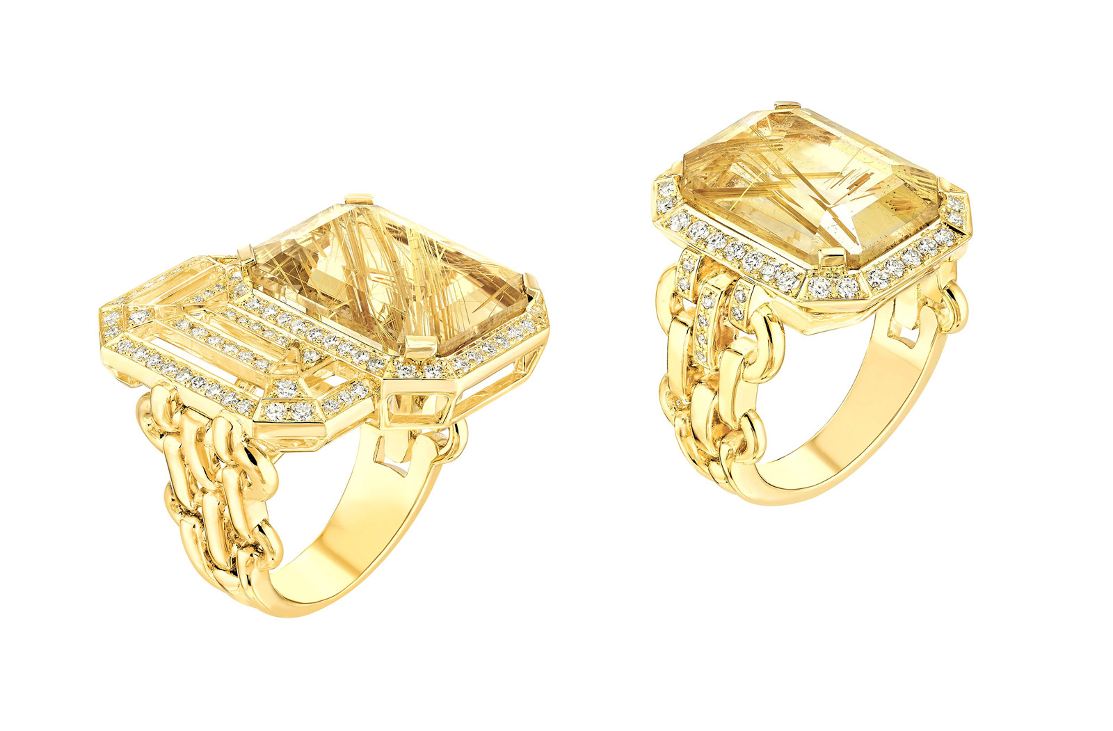  MY CHAIN RING IN 18K YELLOW GOLD, RUTILATED SMOKY QUARTZ AND DIAMONDS