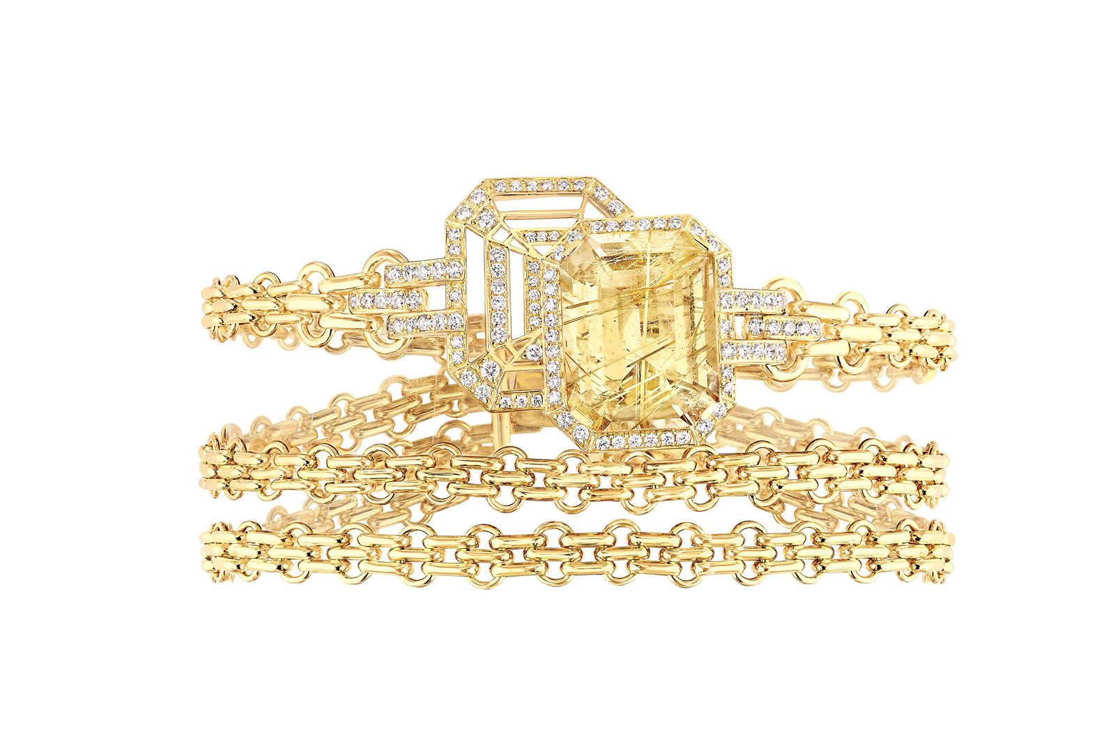 MY CHAIN BRACELET IN 18K YELLOW GOLD, RUTILATED SMOKY QUARTZ AND DIAMONDS