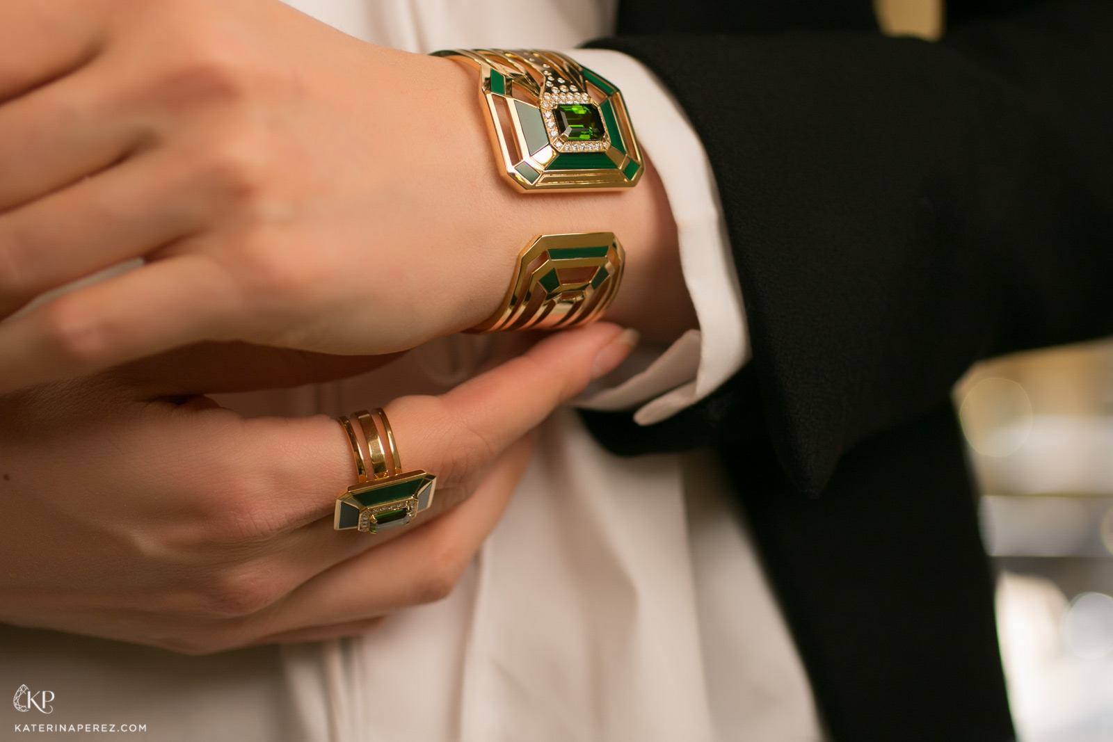  MY GREEN CUFF AND MY GREEN RING IN 18K YELLOW GOLD, MALACHITE, TOURMALINE AND DIAMONDS