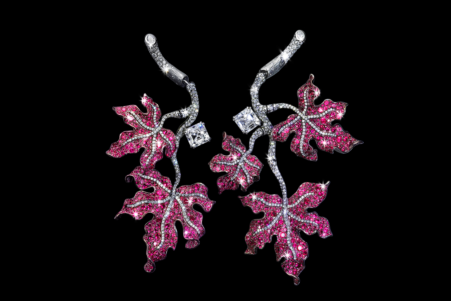 Diana Zhang Falling Red Leaves earrings with pink sapphires and diamonds