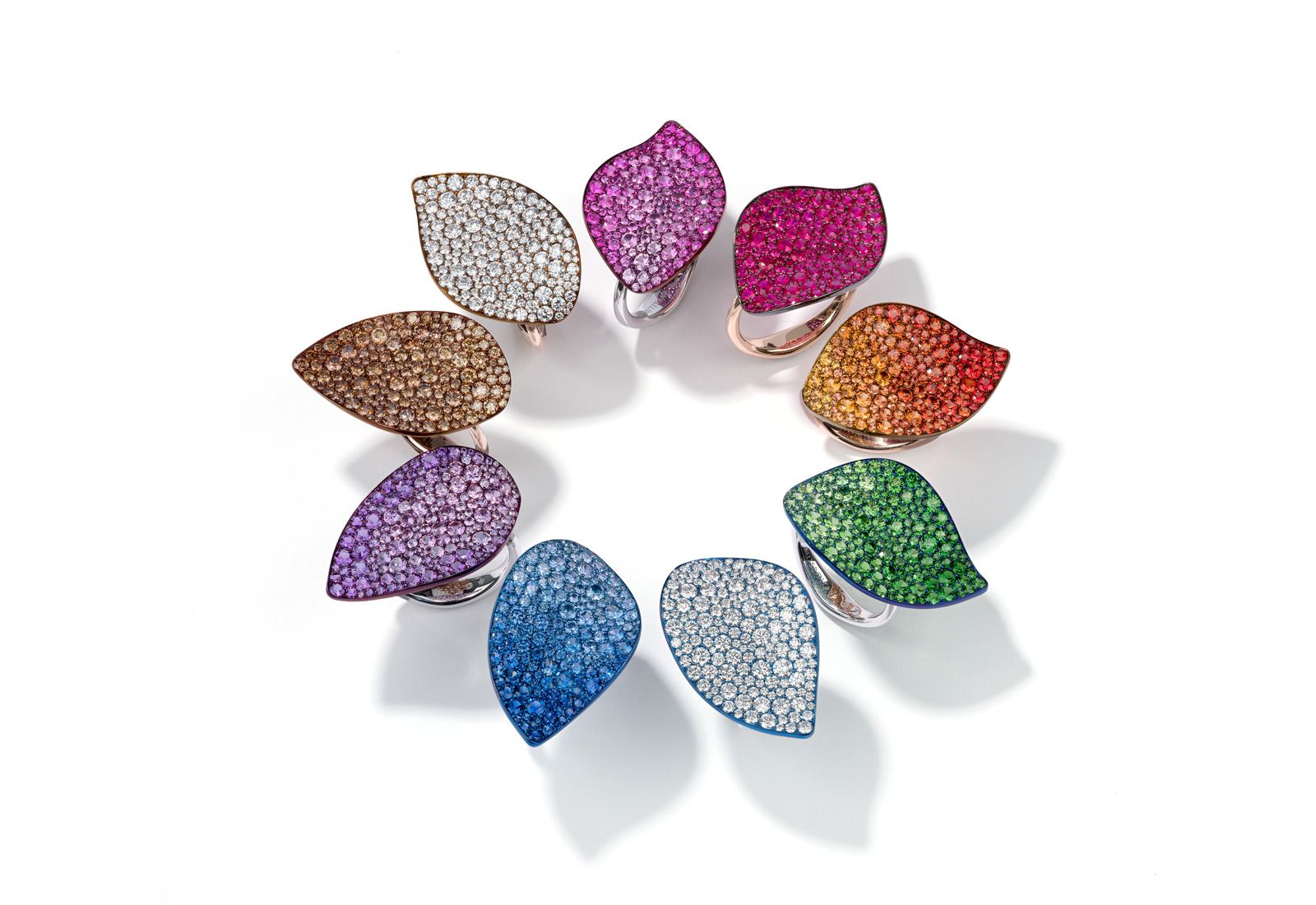Glenn Spiro Petal rings in titanium with multicoloured gems