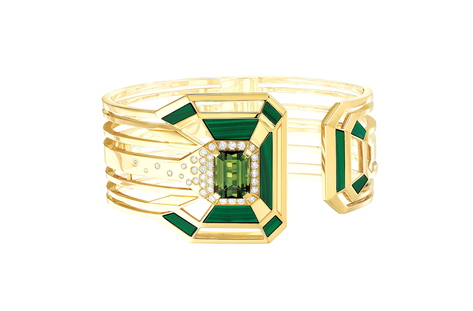  MY GREEN CUFF IN 18K YELLOW GOLD, MALACHITE, TOURMALINE AND DIAMONDS