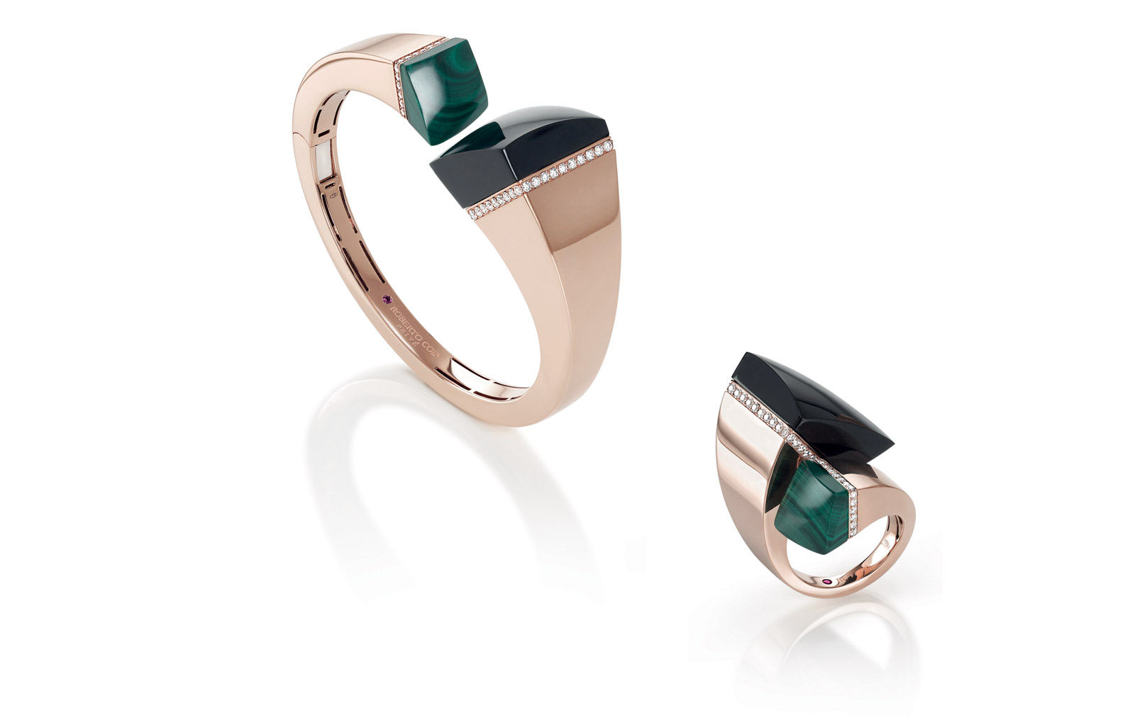  Open cuff bracelet and ring in rose gold and malachite, black jade and diamonds from Sauvage Privé collection