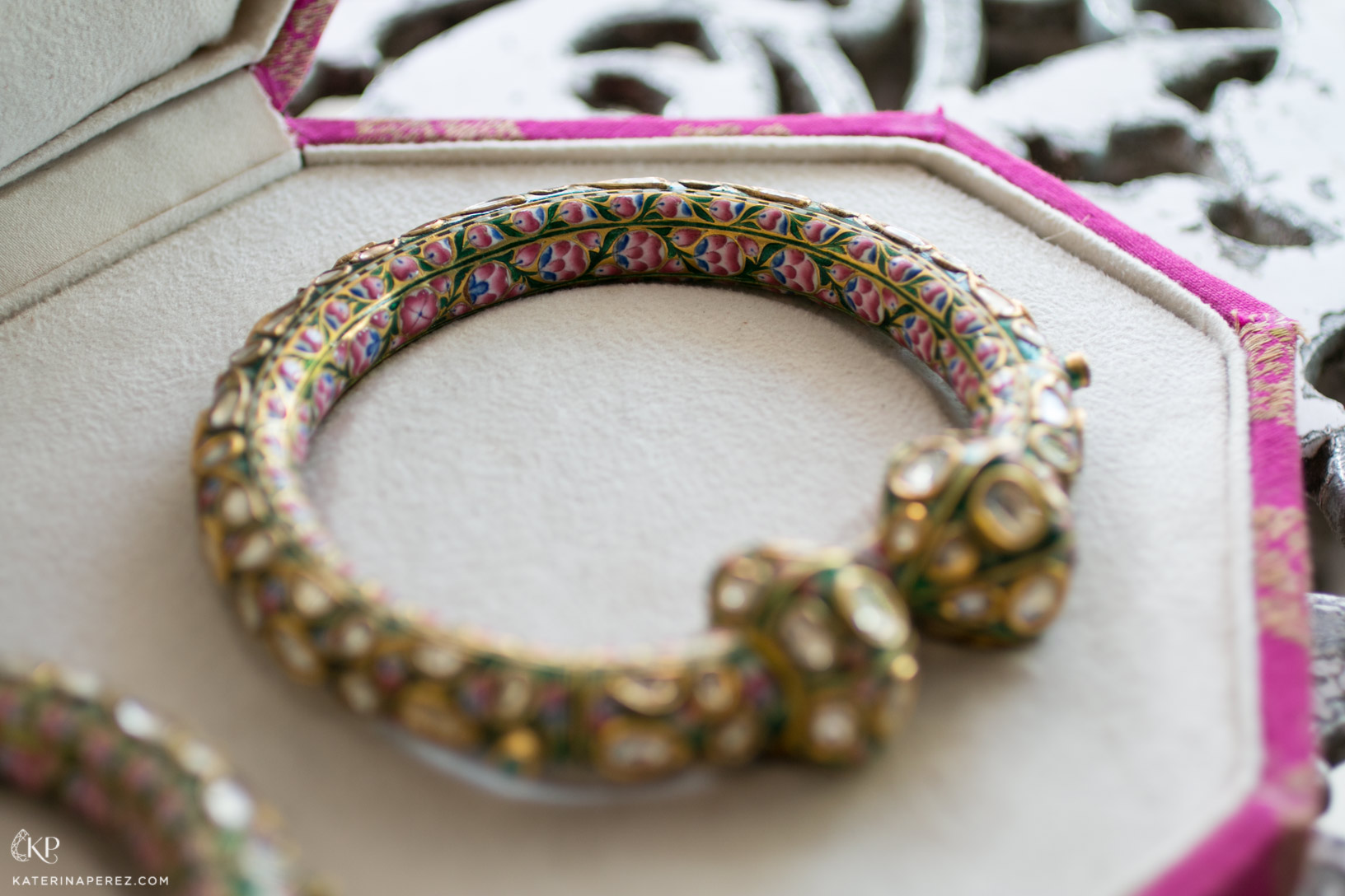  Fine detail of men's anklet inlaid with diamonds and accented with pink enamel, from 19th Century