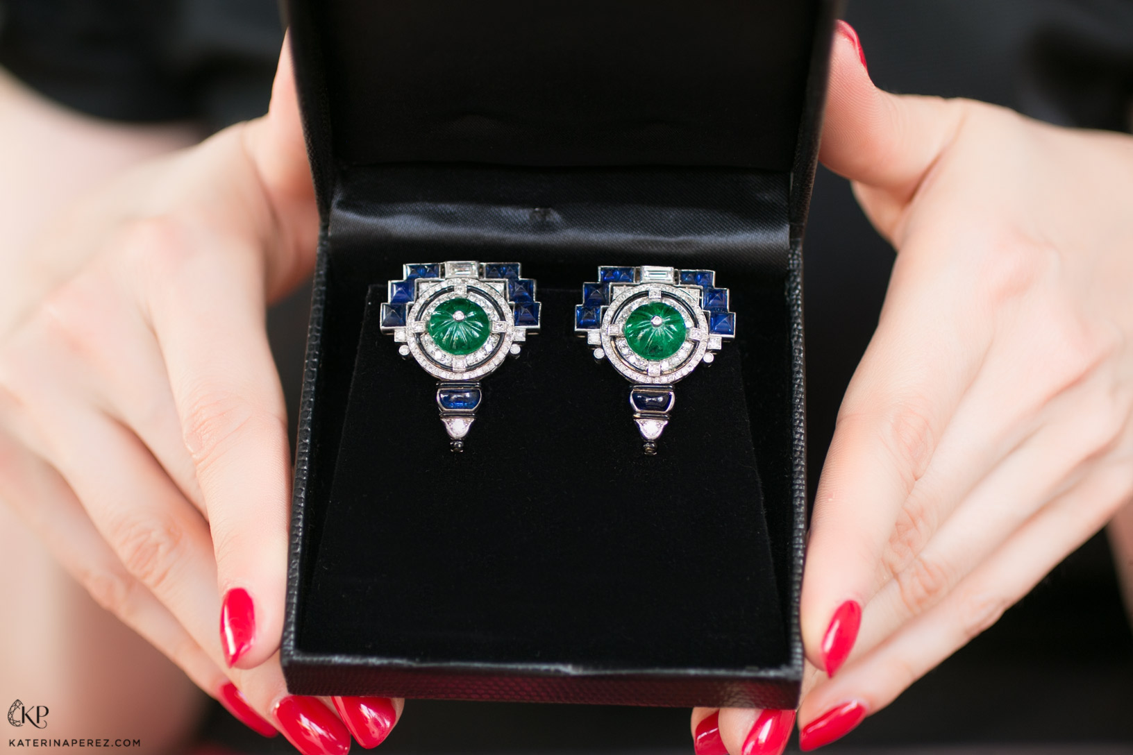  Vintage Art Deco Cartier earrings with bead carved emeralds, miniature sugarloaf sapphires and diamonds