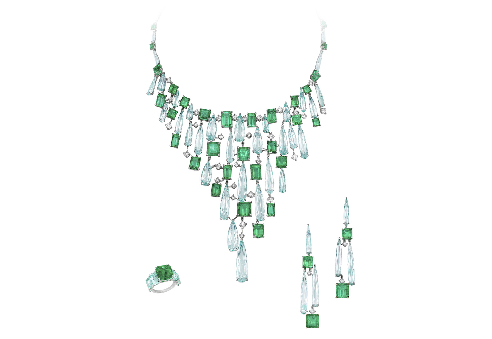  Boghossian emerald and aquamarine necklace, featuring 75.32ct Colombian emeralds and 103.44ct aquamarine, accented with 8.21ct diamonds. Pictured with matching earrings and ring 