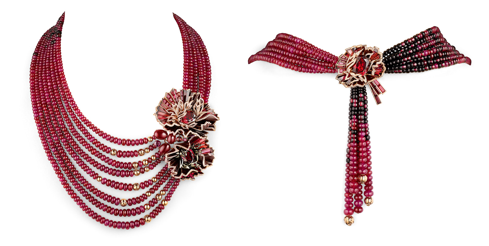  Chaumet 'Aria Passionata' transformable necklace in pink gold and lacquer, set with rhodolite garnets of 16.28 ct, 14.25 ct, and 10.96 ct respectively, 3 cabochon-cut rubies of 6.25 ct, 4.89 ct and 3.15 ct, baguette-cut, oval-cut and round rhodolite garnets, baguette-cut rubies, beads of ruby, of rhodolite garnets, of onyx and of pink gold and brilliant-cut diamonds