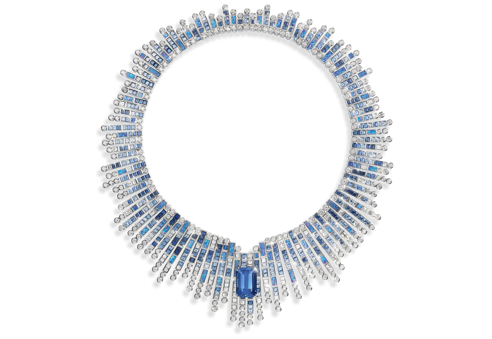  Piaget 'Midday Festival' necklace from the Sunlight Journey collection, featuring emerald cut sapphire with diamonds, black opals and sapphires