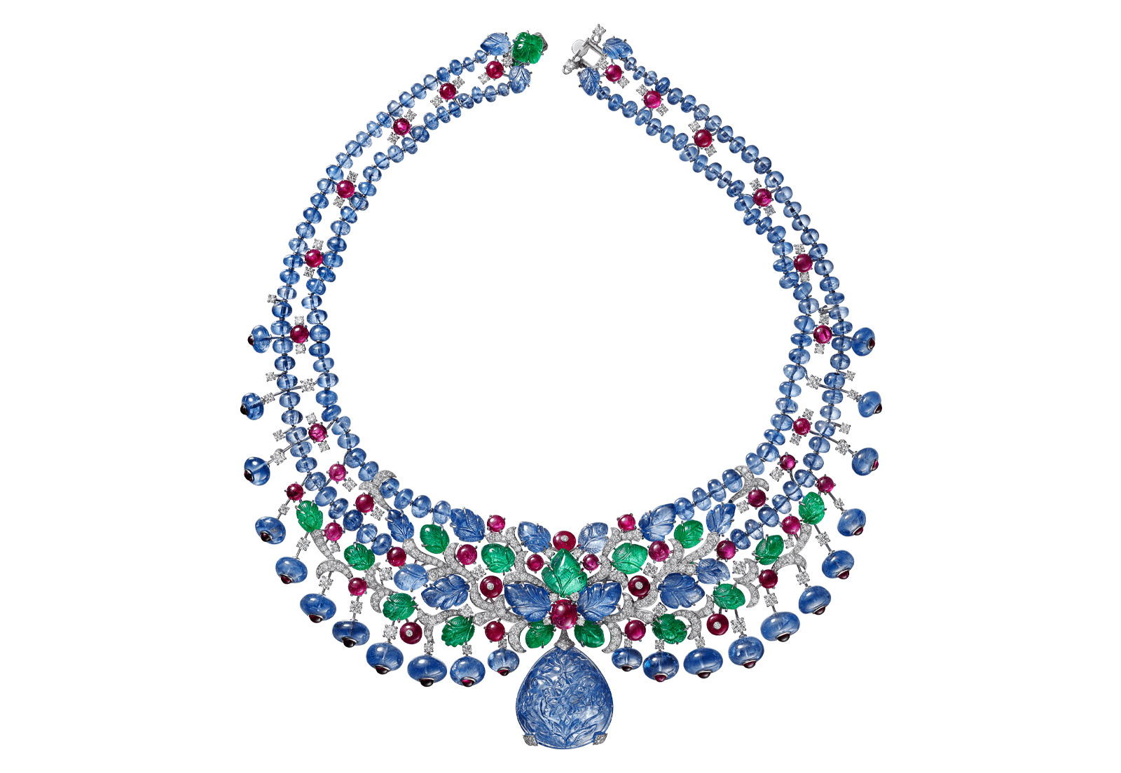  Cartier's Tutti Frutti inspired 'Résonances de Cartier' platinum necklace featuring  a central carved sapphire, surrounded by sapphires, emeralds, rubies and diamonds