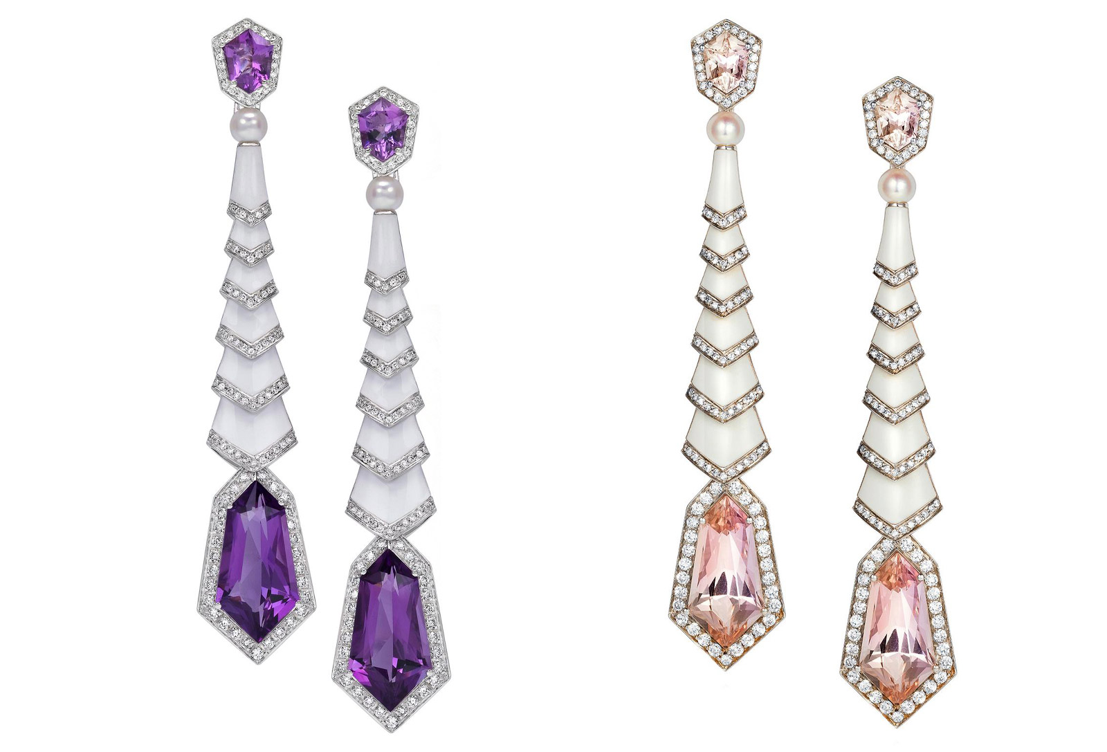 Avakian 'Gatsby' transformable earrings in white enamel, diamonds and amethyst or morganite 