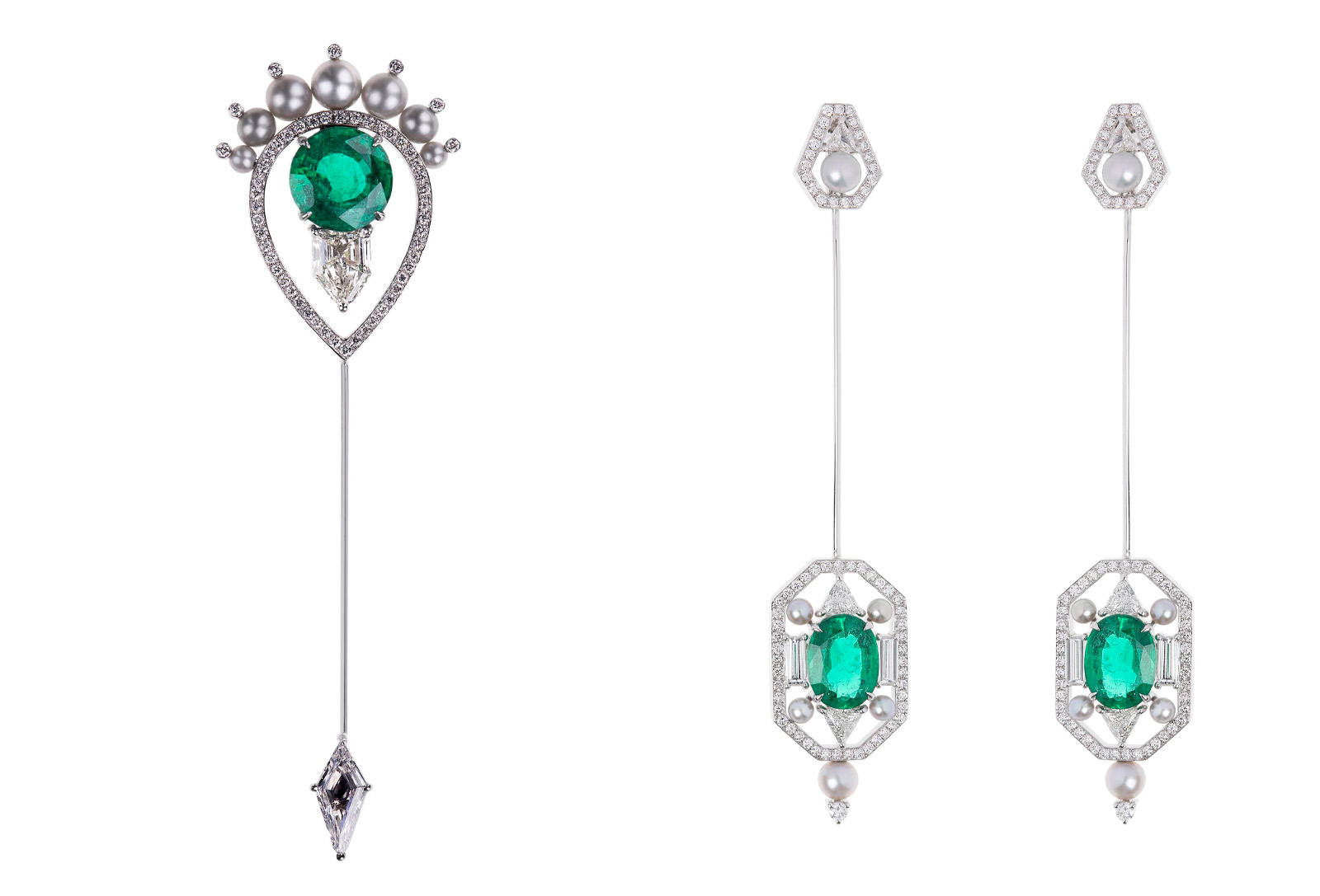 Nikos Koulis 'Lingerie' collection emerald and diamond brooch, with earrings  in emerald, diamonds and pearls