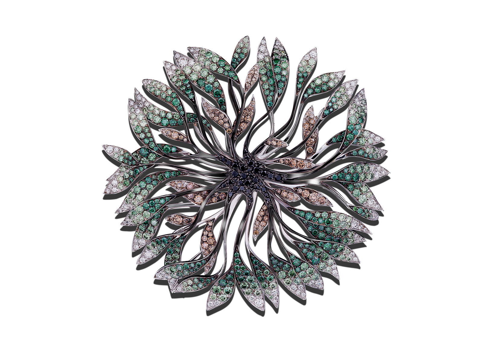  Palmiero 'Arborea' brooch in White, black, brown and coloured diamonds on white gold