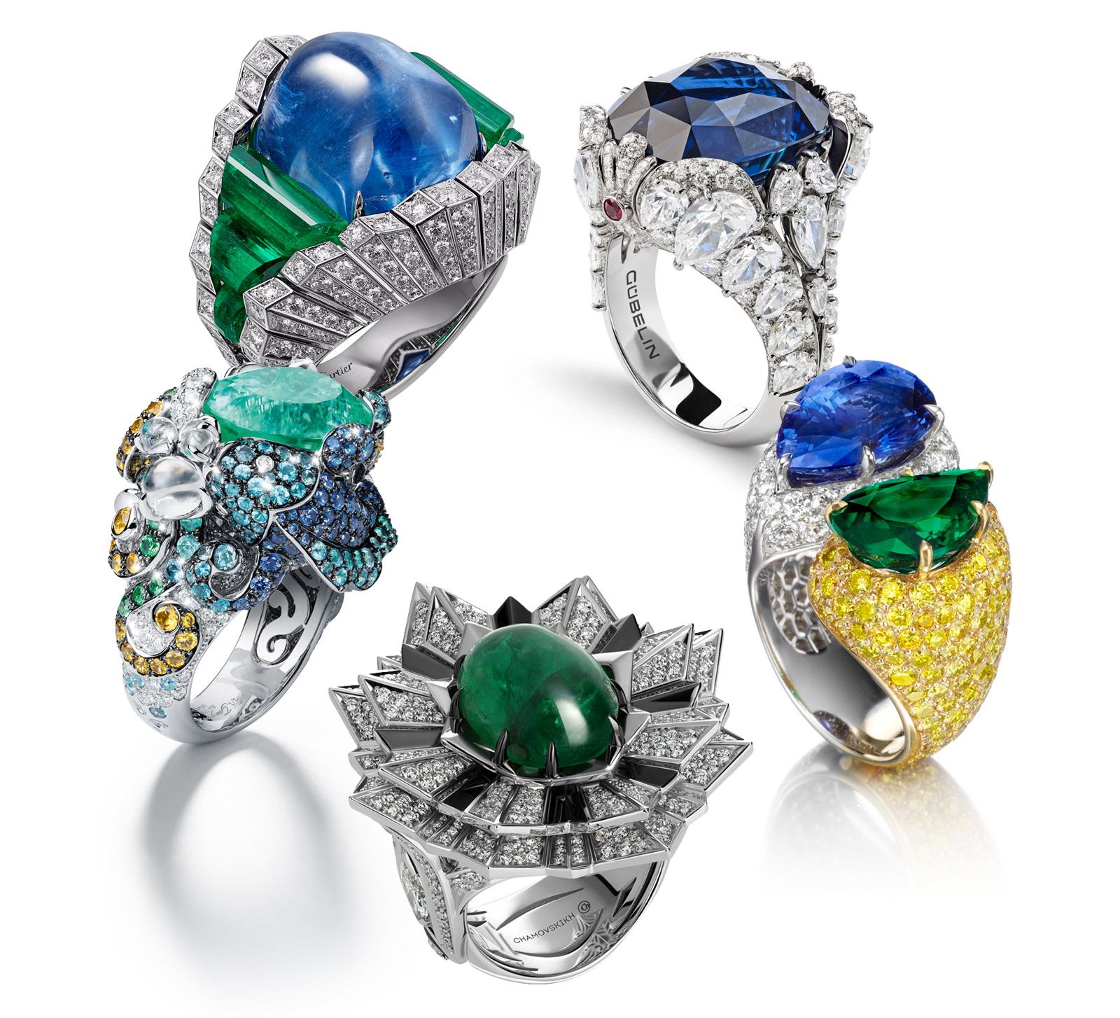 From top to bottom: Cartier 'Resonances de Cartier' ring with sapphire, emeralds and diamonds; Gubelin Seahorse ring with sapphire and diamonds, House of Tabbah ring with sapphire, emerald, yellow and colourless diamonds, Chamovskikh ring with cabochon emerald and diamonds, Giampiero Bodino ring with Paraiba tourmaline, sapphires and diamonds.