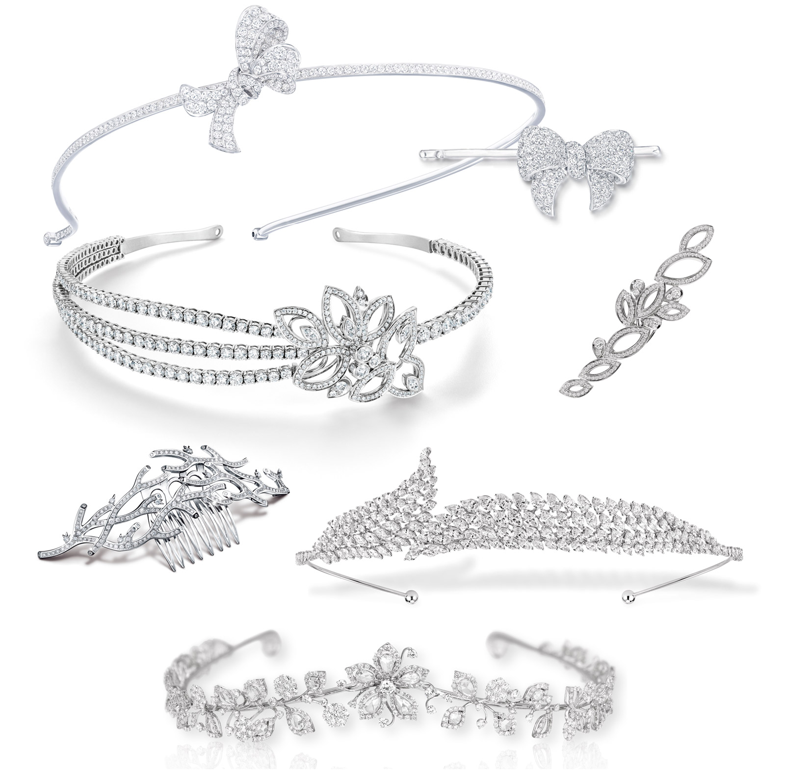 Top to bottom: Graff diamond head band and a hair pin, Harry Winston diamonds head band and a hair clip, Tasaki diamond hair accessory, Messika diamonds tiara, David Morris diamond tiara