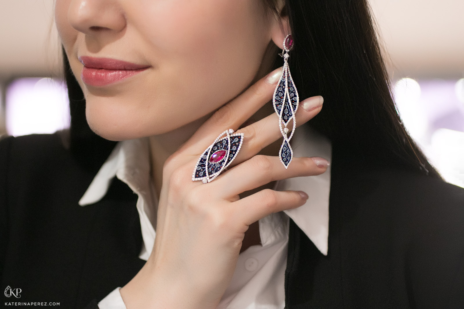 SICIS parure in white gold with micromosaic, ruby and diamonds
