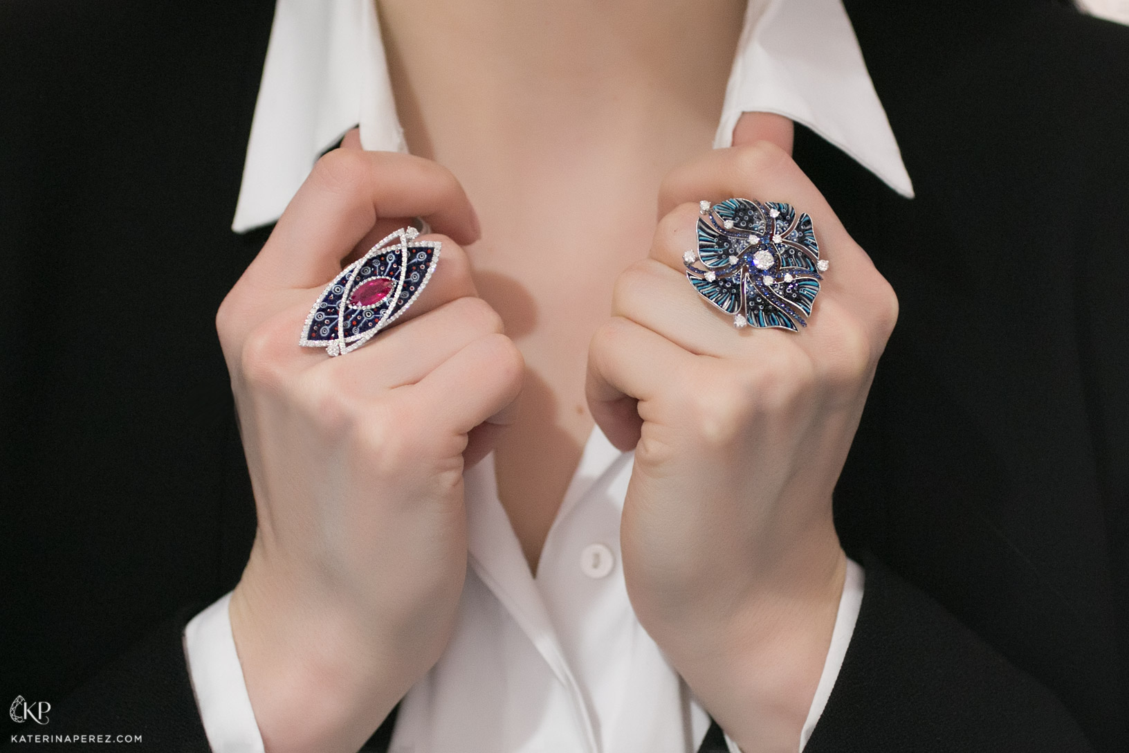  SICIS rings in white gold with micromosaic, ruby and diamonds