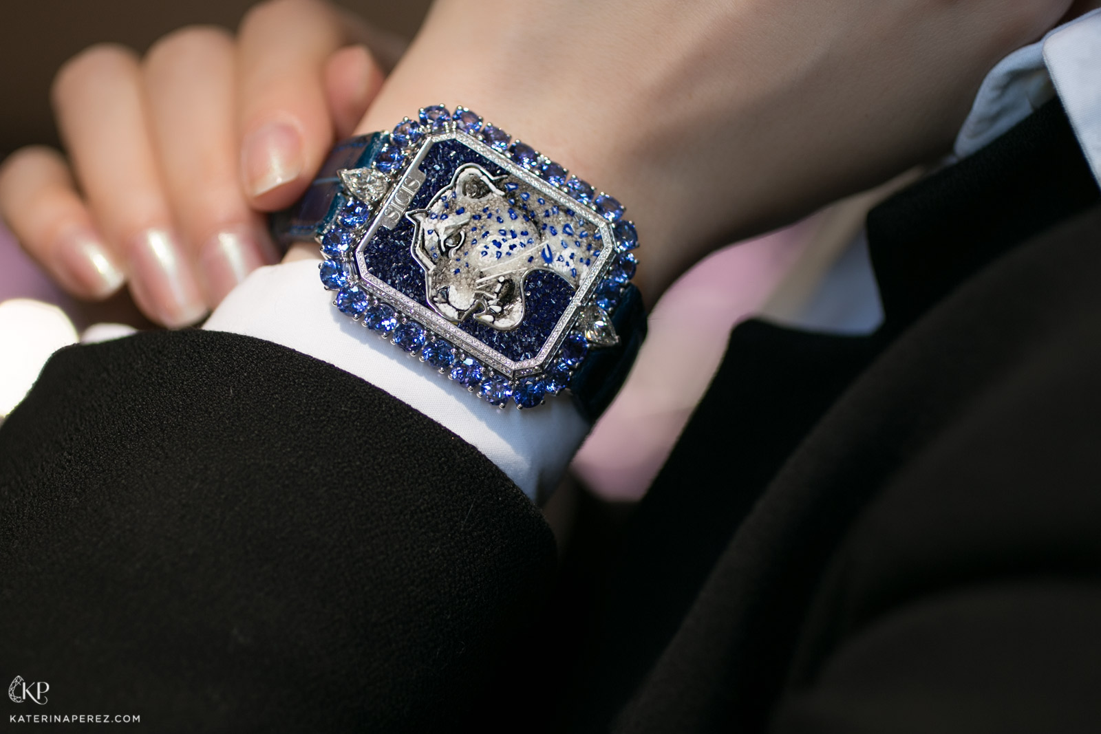  SICIS Panther secret watch with micromosaic, tanzanites and diamonds