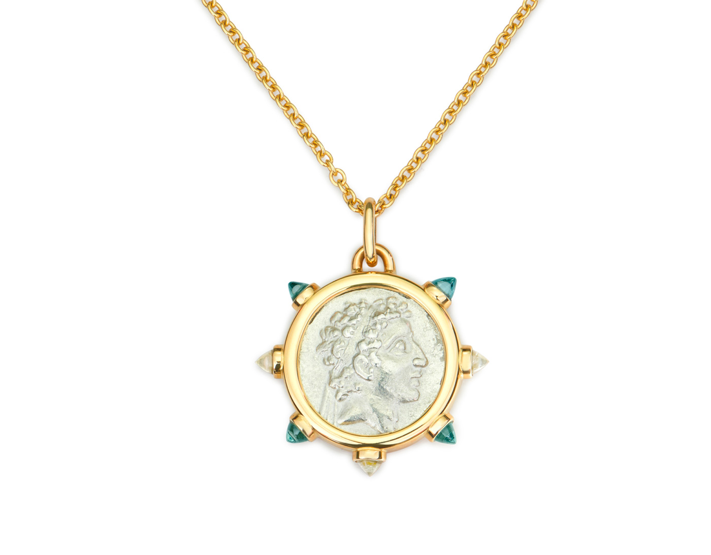  Dubini 'King of Cappodicia' pendant with authentic silver coin c.116-101 B.C., 18k yellow gold with sky topaz and swiss topaz bullet cabochons