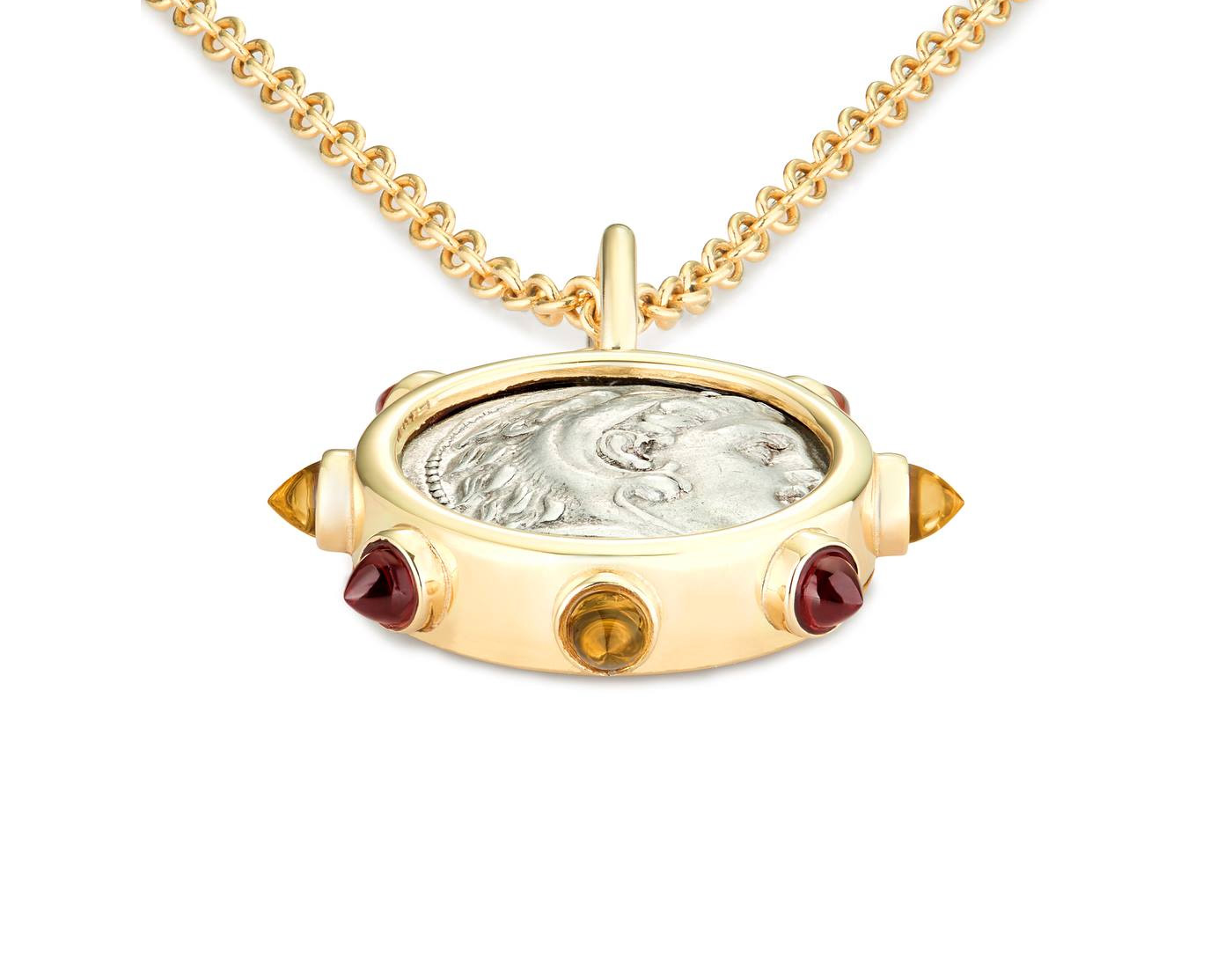  Dubini 'Alexander the Great' pendant with Authentic Macedon coin from 336-323 B.C., set in 18k yellow gold with garnet and citrine bullet cabochons