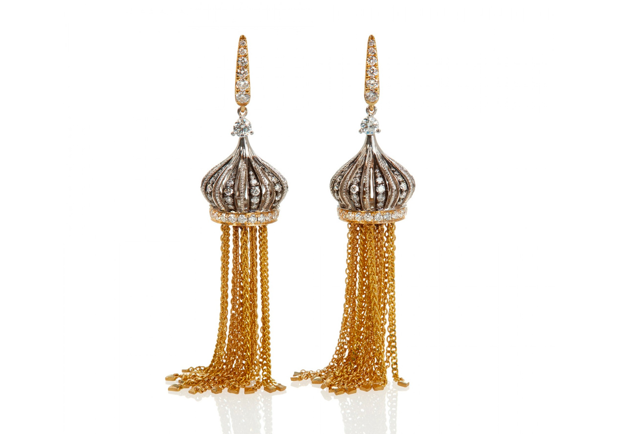  Annoushka earrings handcrafted in 18k gold, set with 180 gemstones including ebony and 1.94 ct diamond