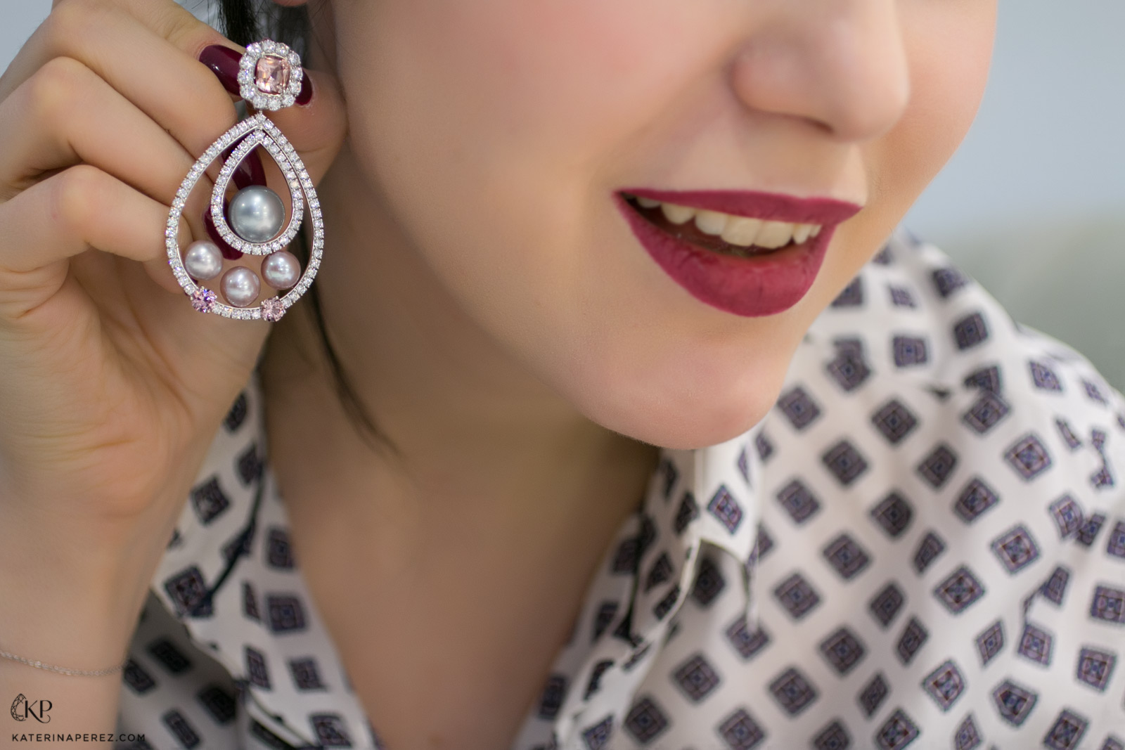 Podnebesnaya and Podnebesny. Pearls and gems Spheres earrings with Tahitian pearls, malaia garnets and diamonds