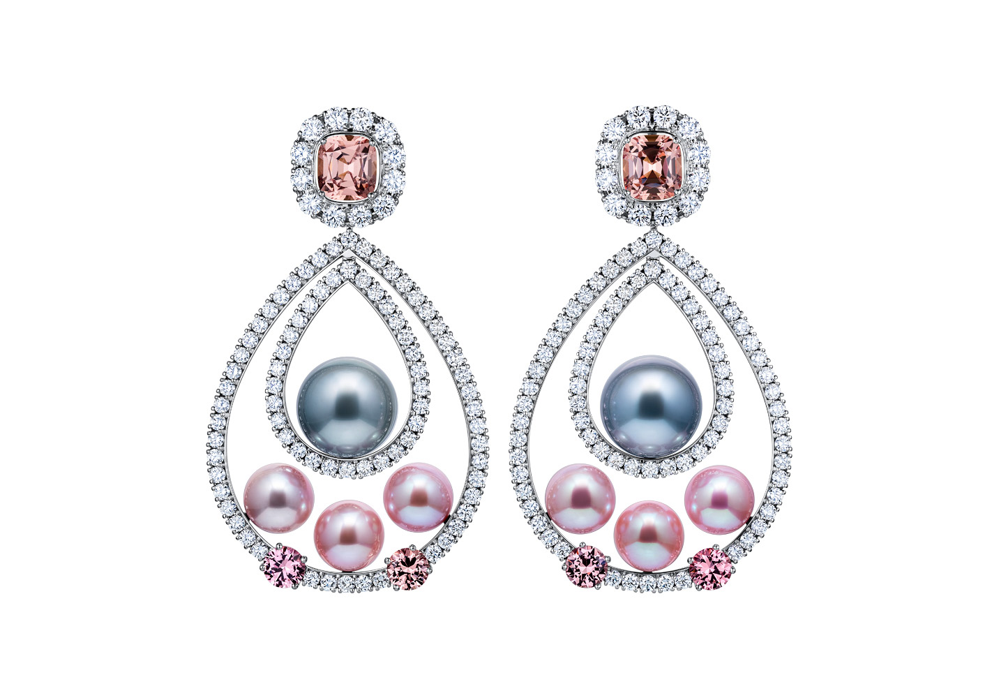  Podnebesnaya and Podnebesny. Pearls and gems Spheres earrings with Tahitian pearls, malaia garnets and diamonds
