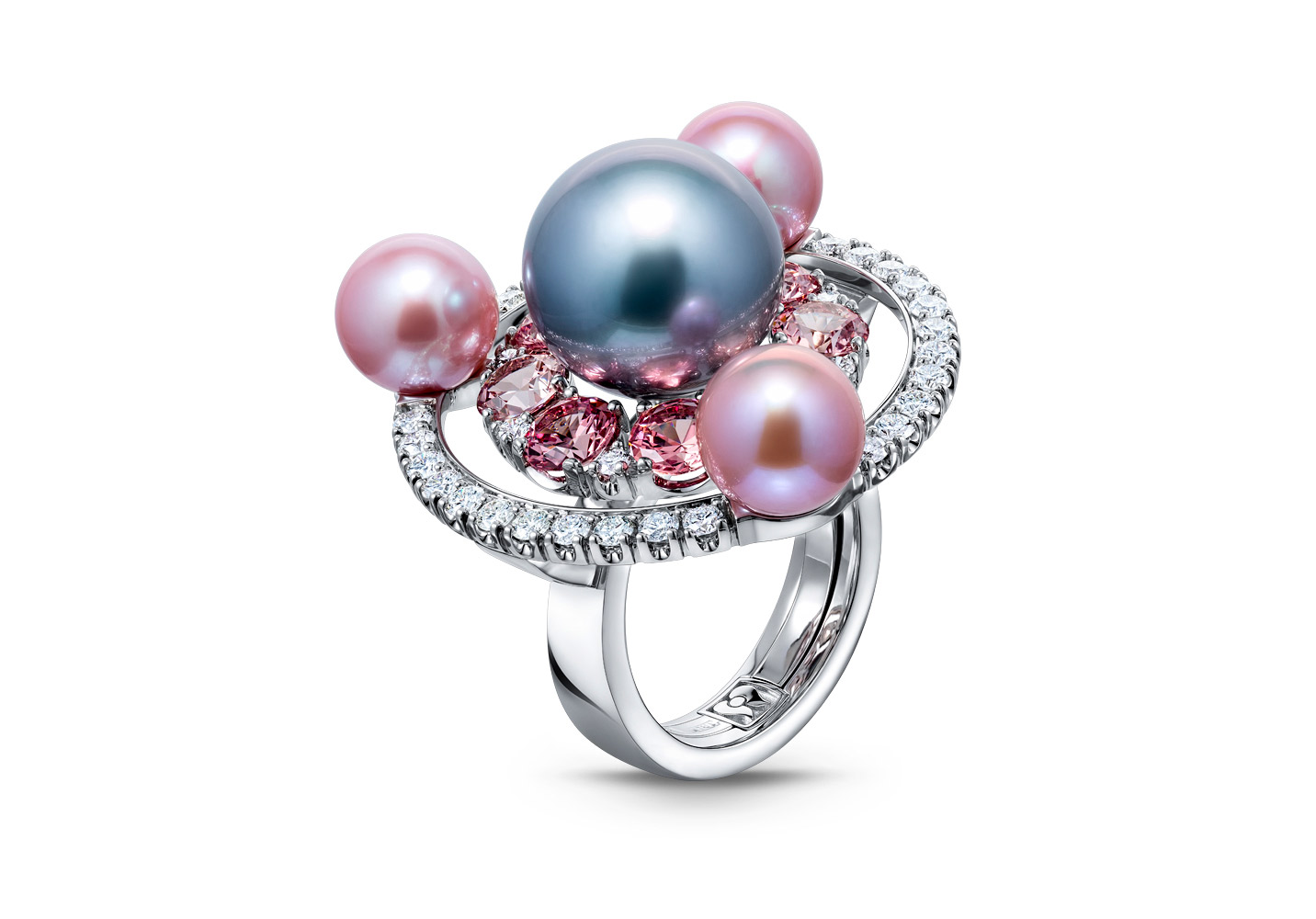  Podnebesnaya and Podnebesny. Pearls and gems Spheres ring with Tahitian pearls, malaia garnets and diamonds
