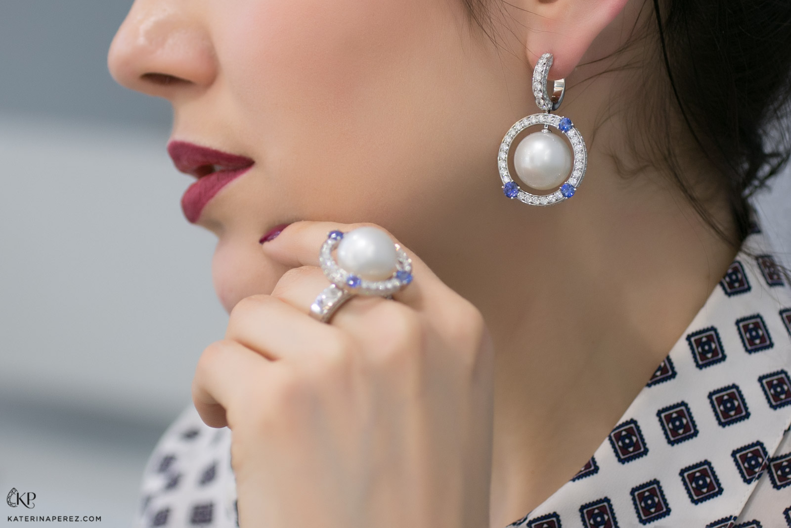  Podnebesnaya and Podnebesny. Pearls and Gems earrings and a ring with South Sea pearls, sapphires and diamonds