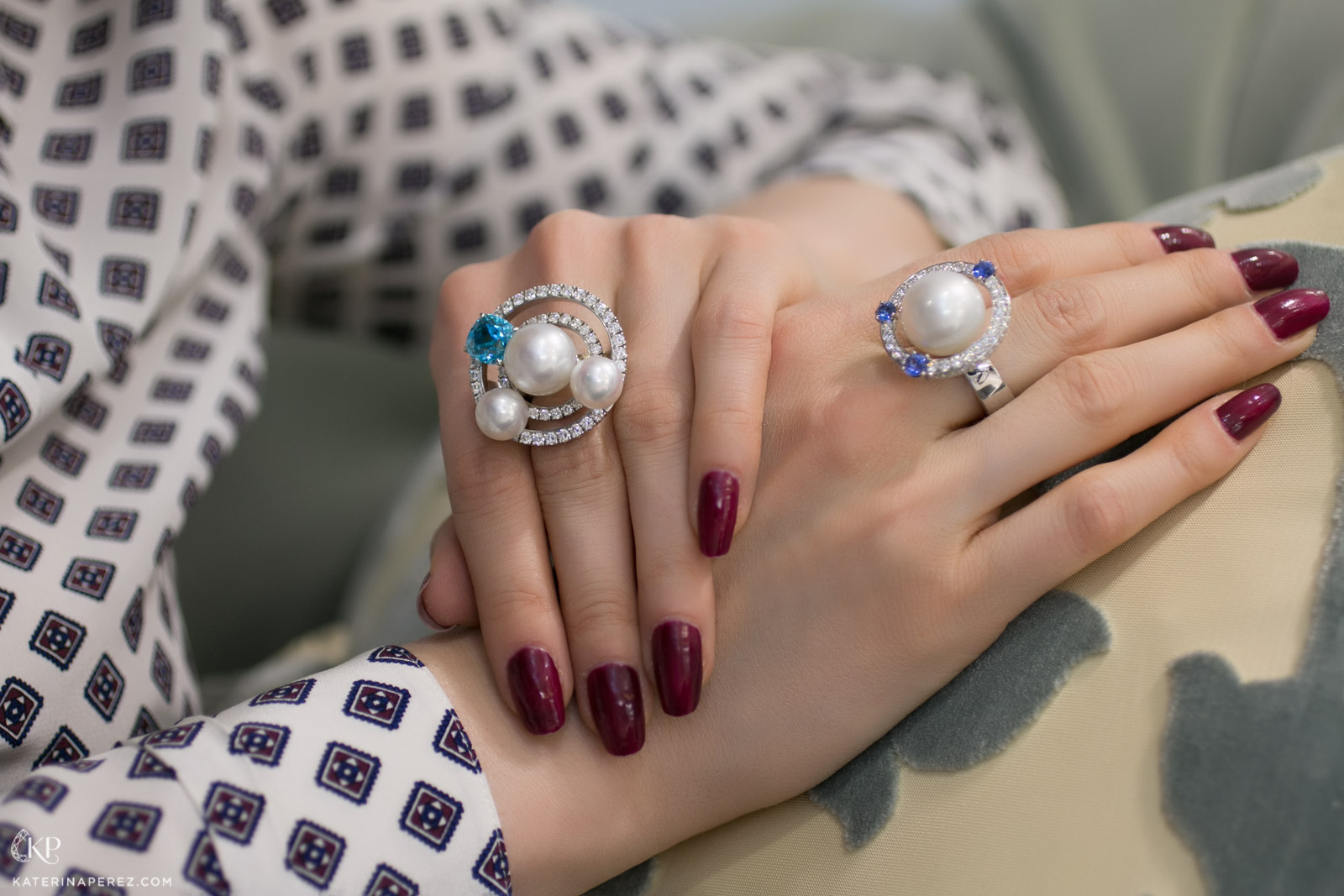  Podnebesnaya and Podnebesny. Pearls and Gems earrings and a ring with South Sea pearls, sapphires and diamonds