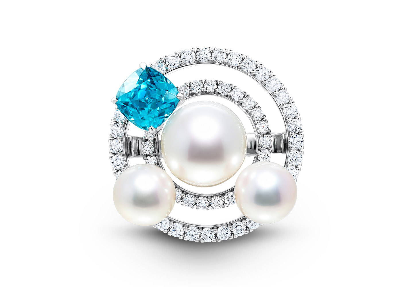  Podnebesnaya and Podnebesny. Pearls and Gems ring with pearls, zircon and diamonds from the Spheres collection