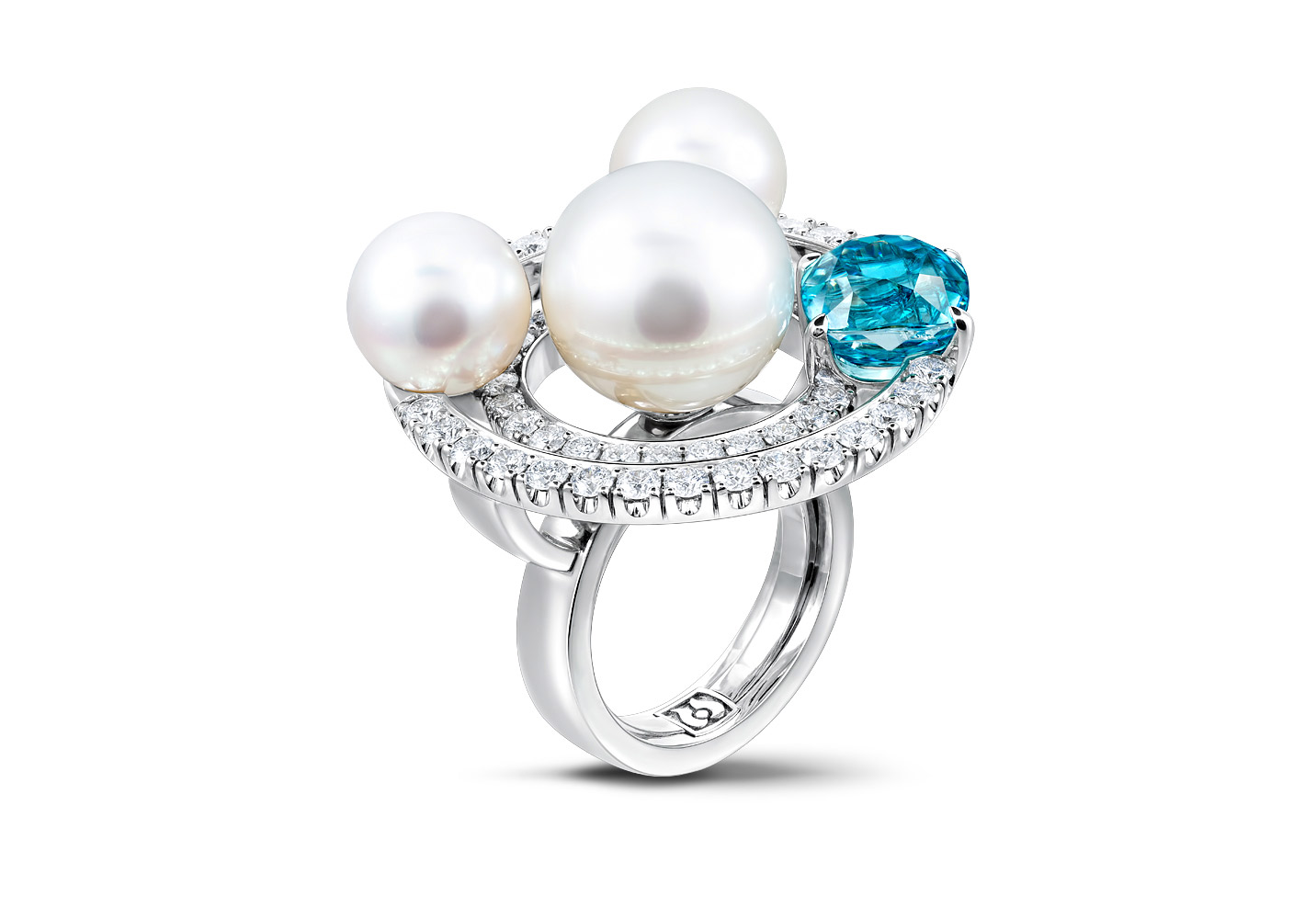 Podnebesnaya and Podnebesny. Pearls and Gems ring with pearls, zircon and diamonds from the Spheres collection