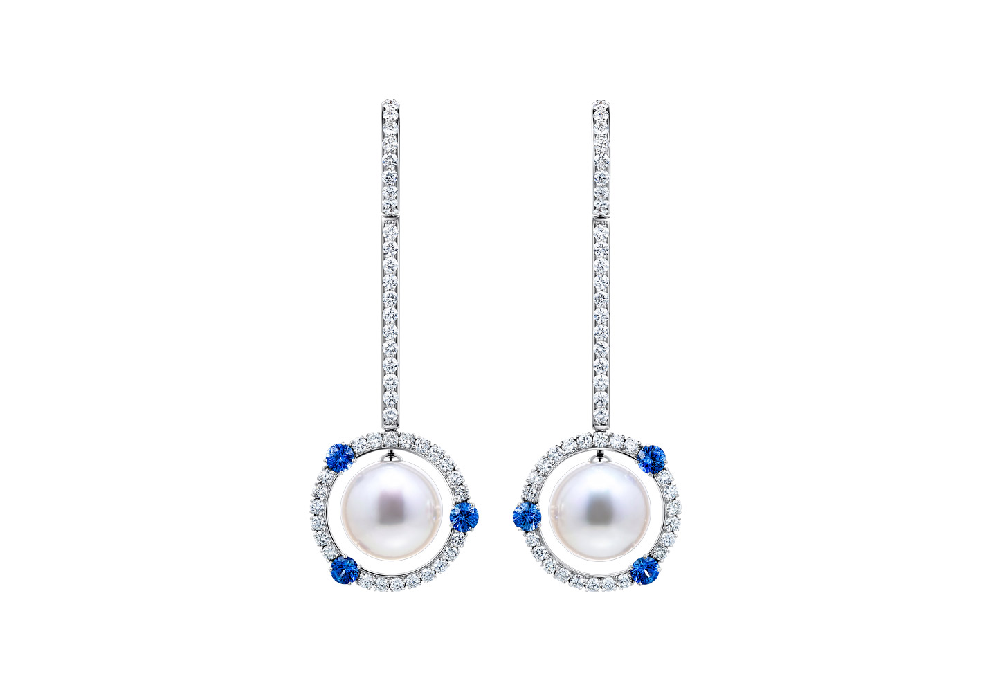  Podnebesnaya and Podnebesny. Pearls and Gems earrings with South Sea pearls, sapphires and diamonds