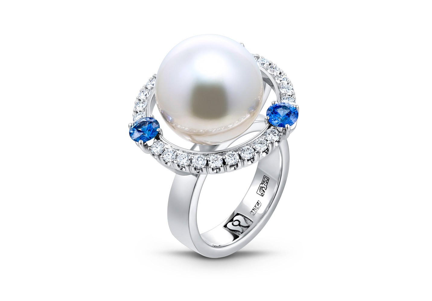  Podnebesnaya and Podnebesny. Pearls and Gems ring with South Sea pearls, sapphires and diamonds