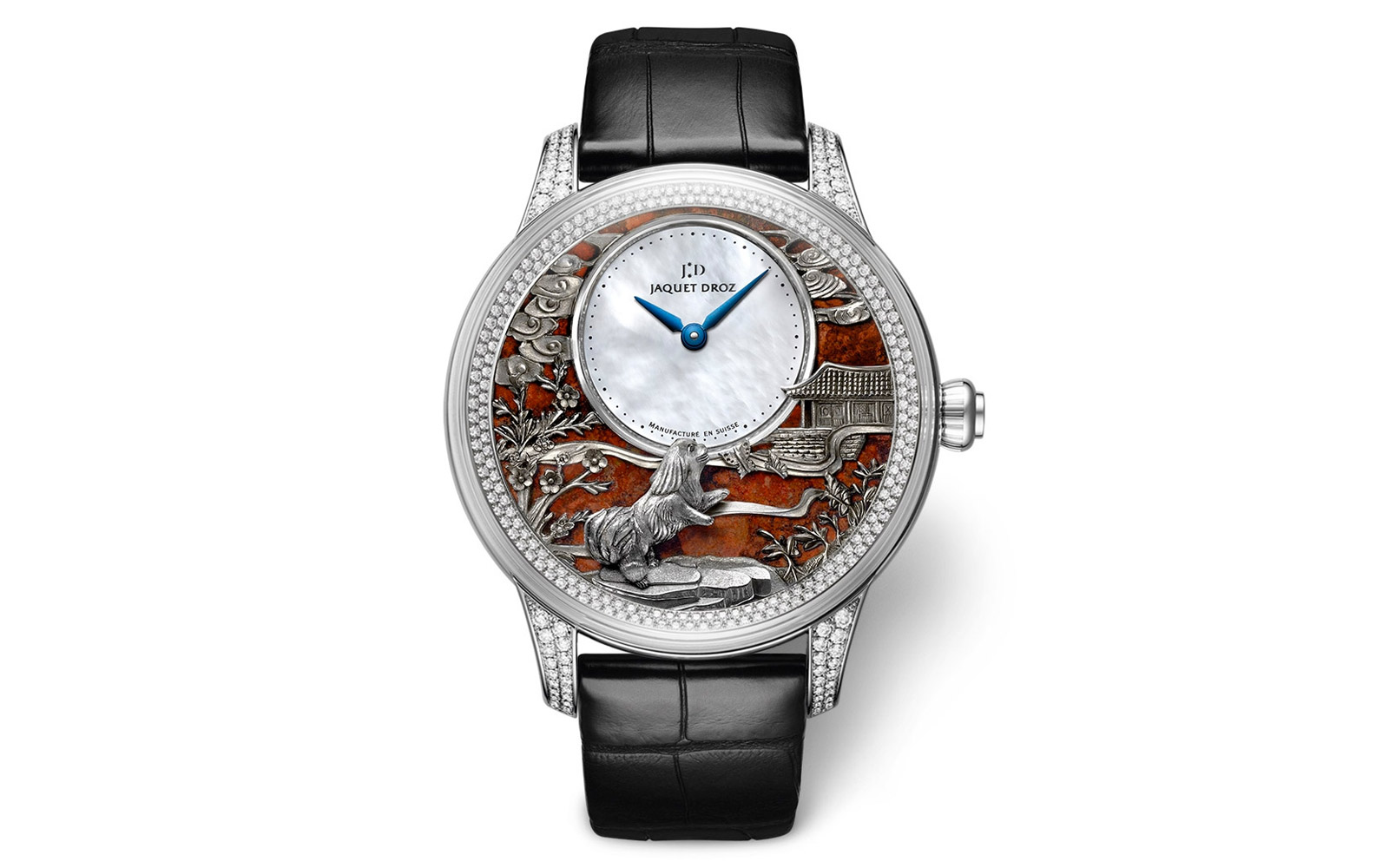  Jaquet Droz Petite Heure Minute Relief Dog watch in white gold with diamonds