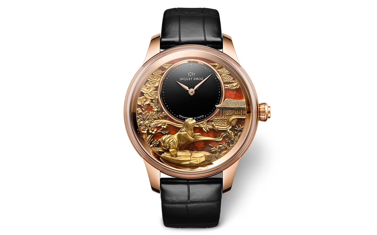  Jaquet Droz Petite Heure Minute Relief Dog watch in rose gold