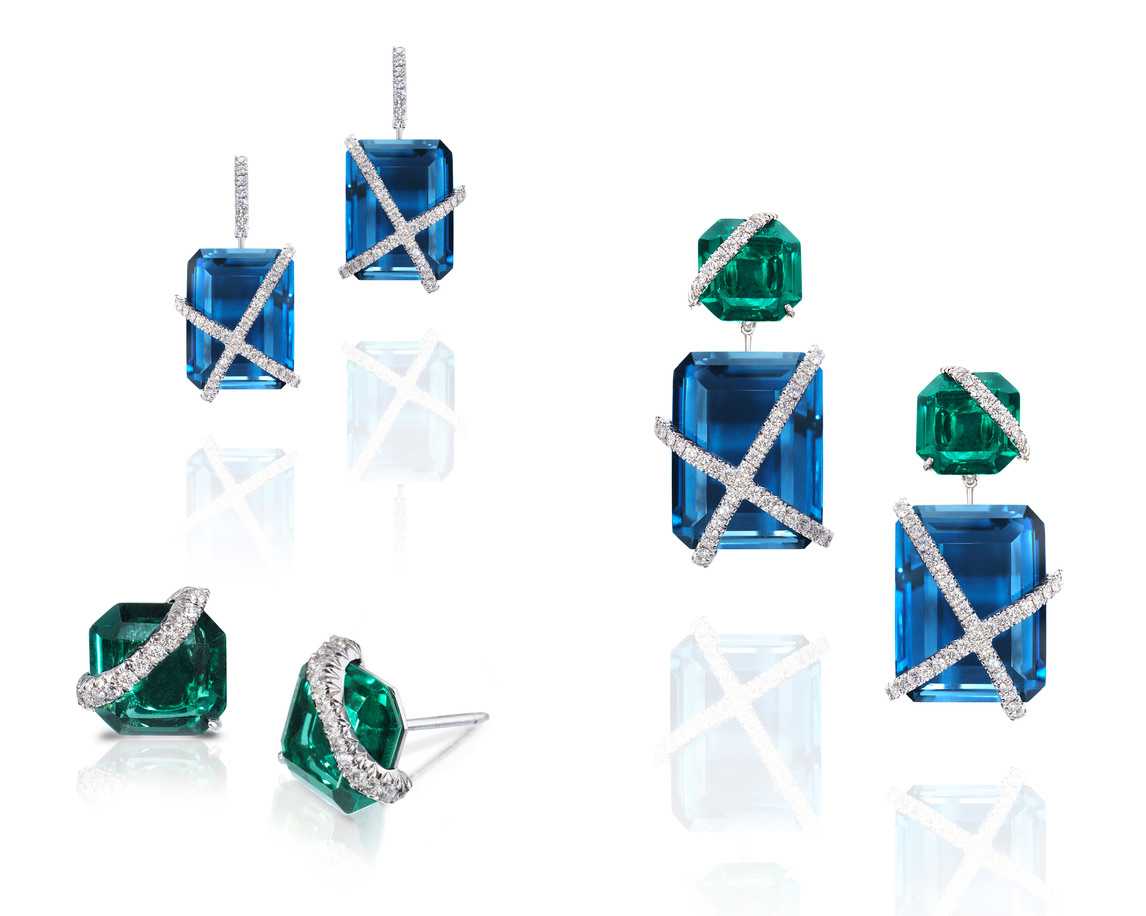 Rachael Sarc Leigh earrings with blue topaz, green quartz and diamonds