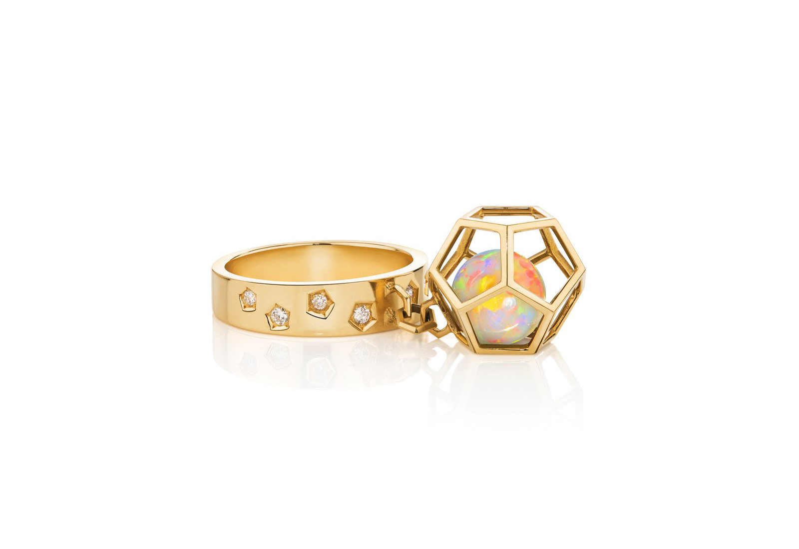 Ornella Iannuzzi Rock It! collection ring in yellow gold with an opal bead and diamonds