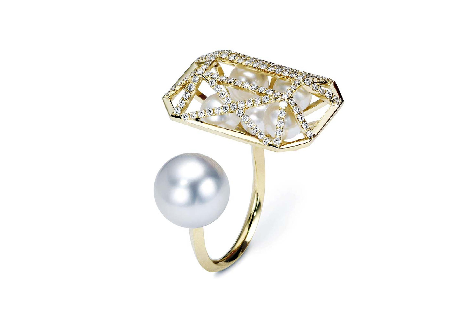  Melanie Georgacopoulos ‘Couture Emerald Ring’ in 18k gold with diamonds, freshwater pearls and 12mm South Sea pearls 