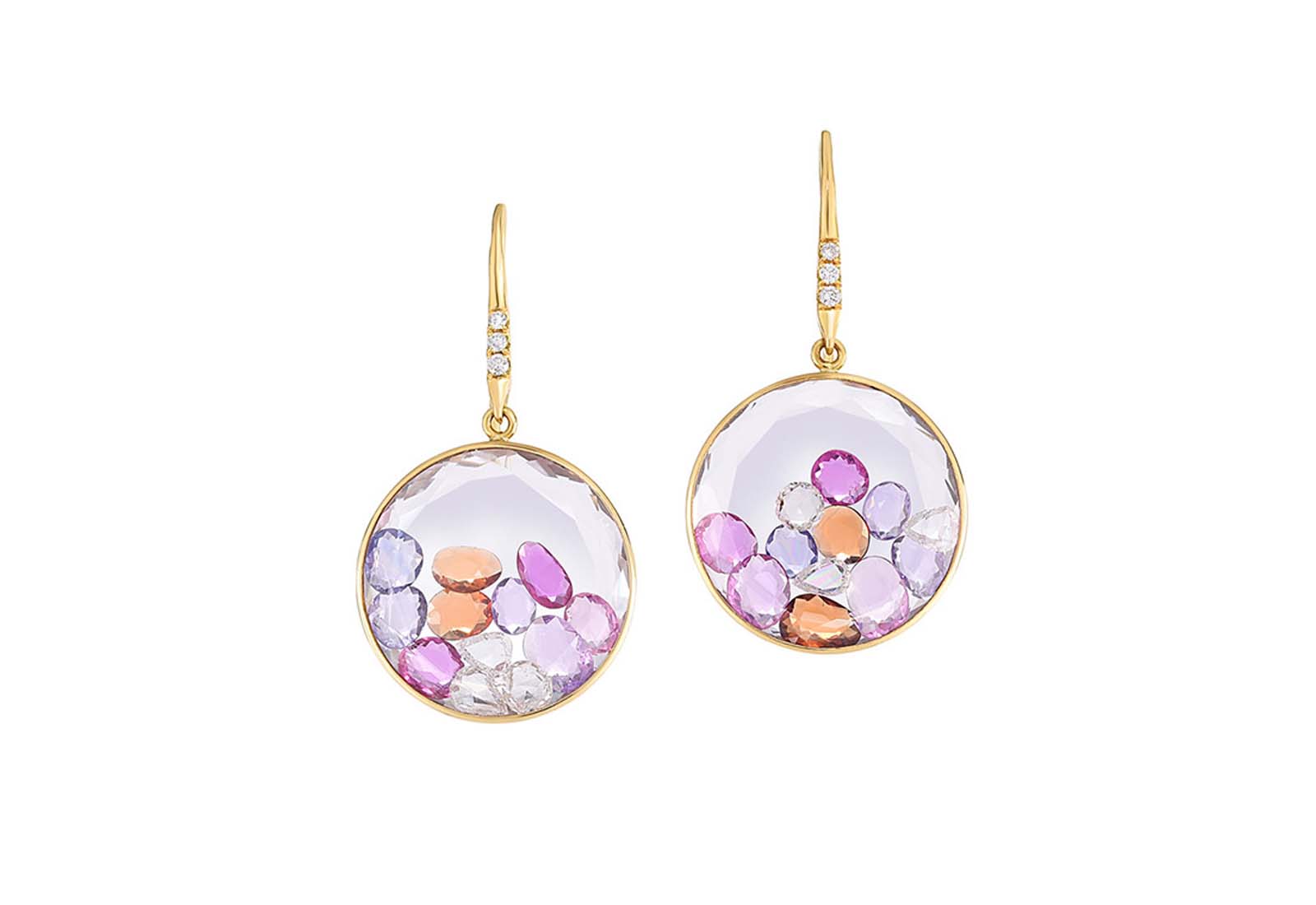 Moritz Glik earrings with 2.02ct of coloured sapphires, 0.66ct of brown tourmalines and 0.50ct of rose cut and brilliand cut diamonds set in and enclosed in double white sapphires in 18k yellow gold