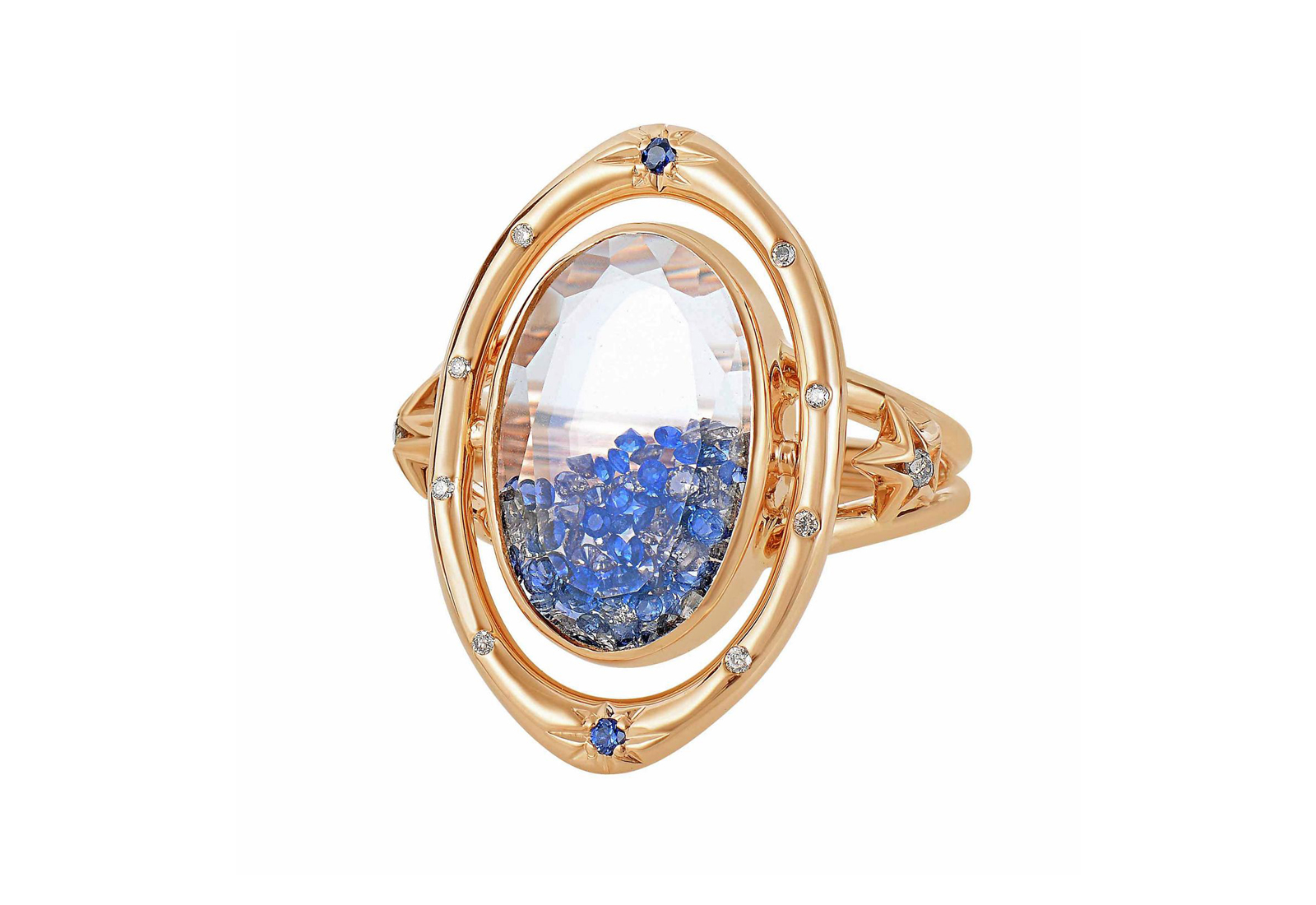  Moritz Glik ring with 0.50ct of champagne diamonds and 0.43ct of blue sapphires set in and enclosed in double white sapphires in 18k rose gold