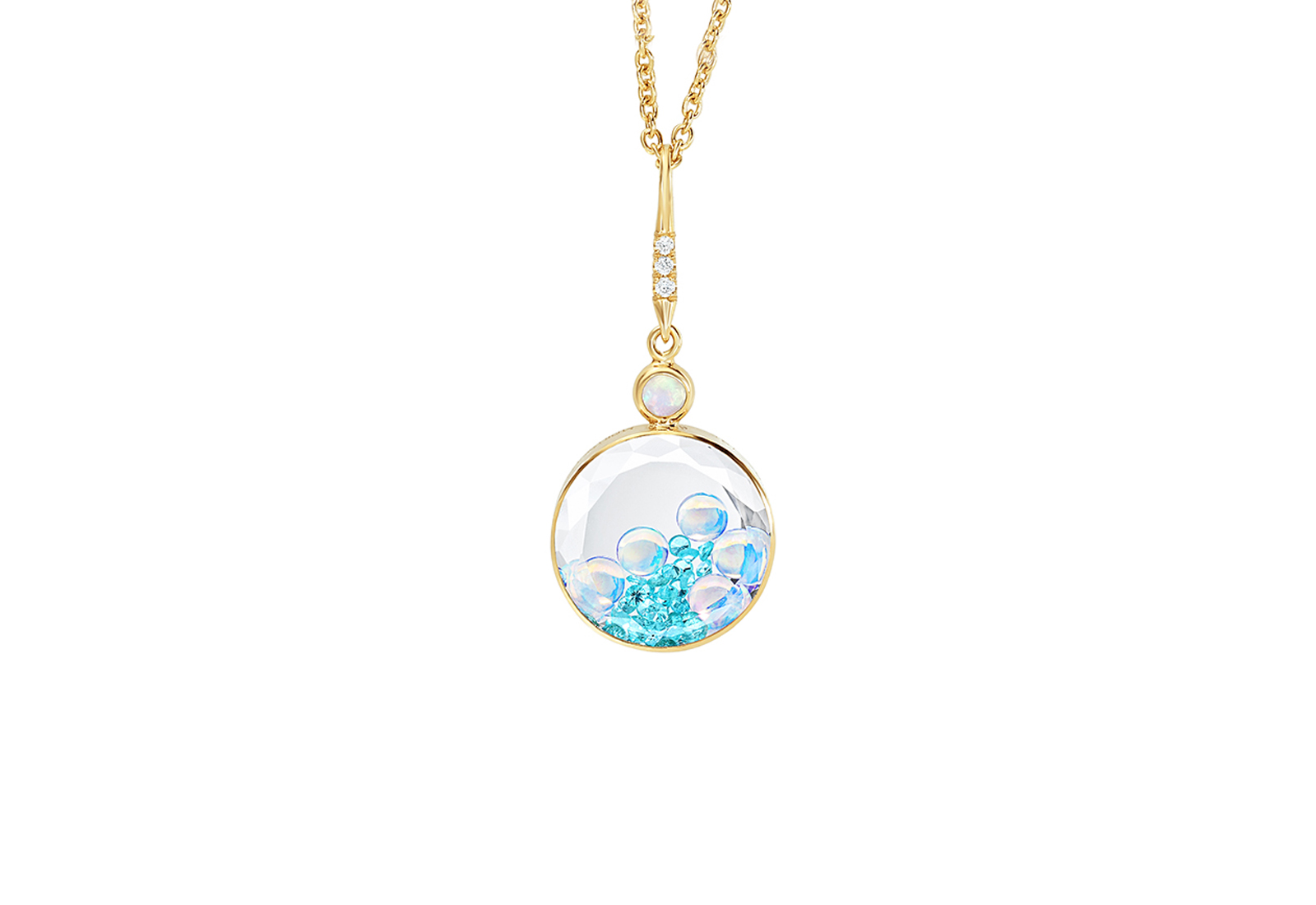  Moritz Glik pendant with 0.52ct of paraiba tourmalines, 0.76ct of opals and 0.04ct of diamonds set in and enclosed in double white sapphires in 18k yellow gold