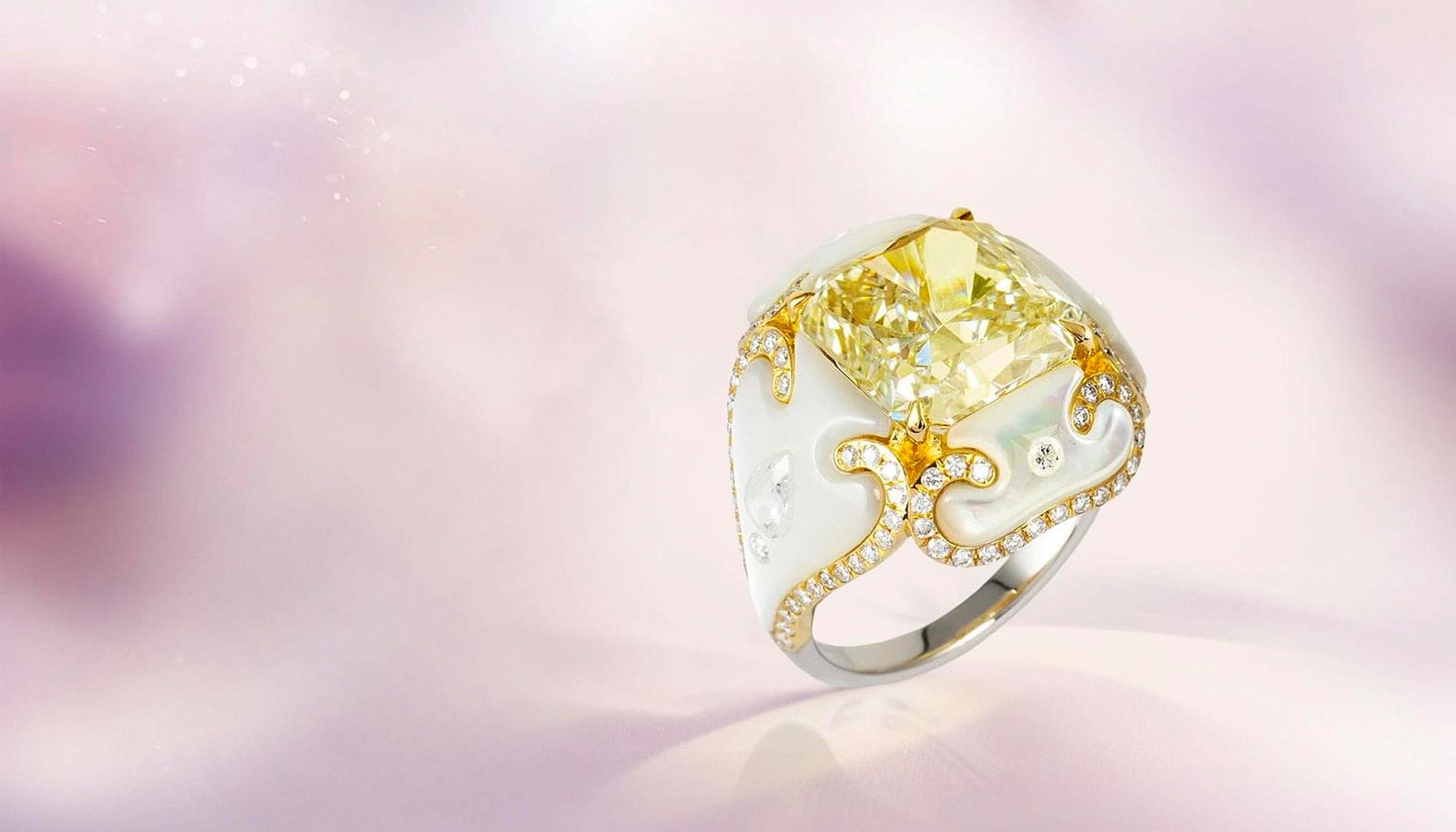 Boghossian Art of Inlay yellow diamond ring with mother-of-pearl and colourless diamonds