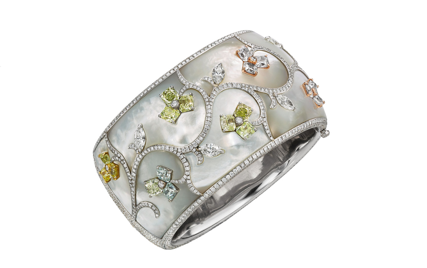  Boghossian bracelet with coloured diamonds inlaid into mother-of-pearl