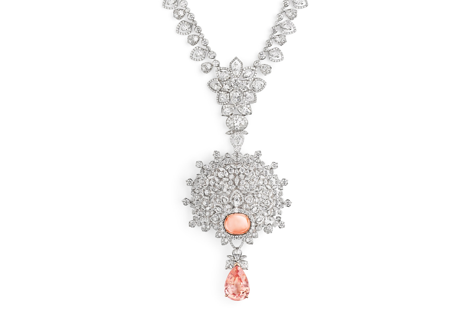 <p>Chaumet ‘Promenades Imperiales’ collection transformable necklace in 18k white gold, with 16.31ct and a 9.03ct Padparadscha Ceylon sapphires and diamonds</p>
