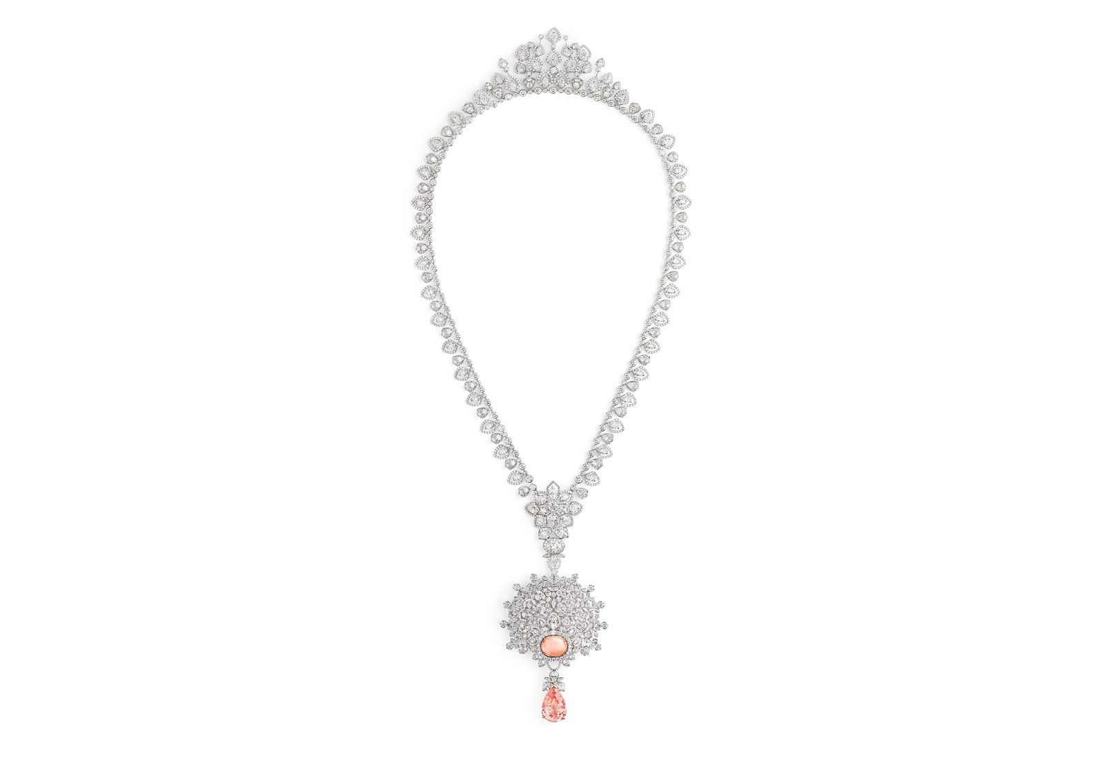 <p>Chaumet ‘Promenades Imperiales’ collection transformable necklace in 18k white gold, with 16.31ct and a 9.03ct Padparadscha Ceylon sapphires and diamonds</p>
