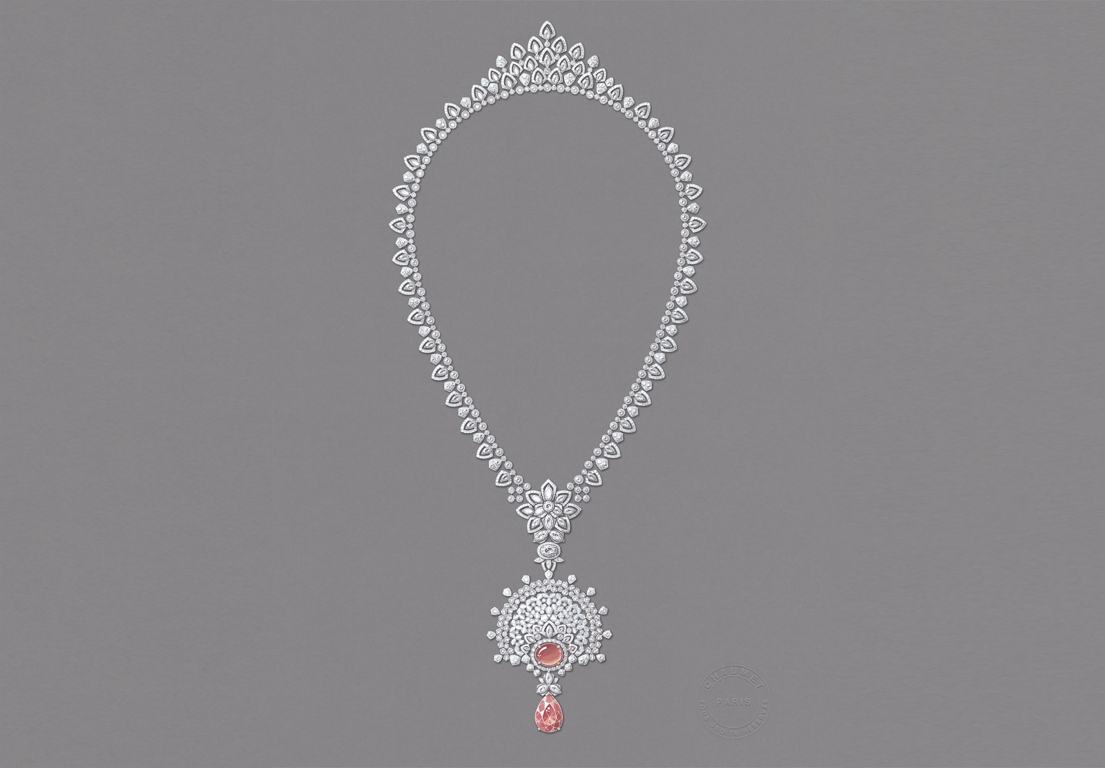 <p>Chaumet ‘Promenades Imperiales’ collection transformable necklace in 18k white gold, with 16.31ct and a 9.03ct Padparadscha Ceylon sapphires and diamonds</p>
