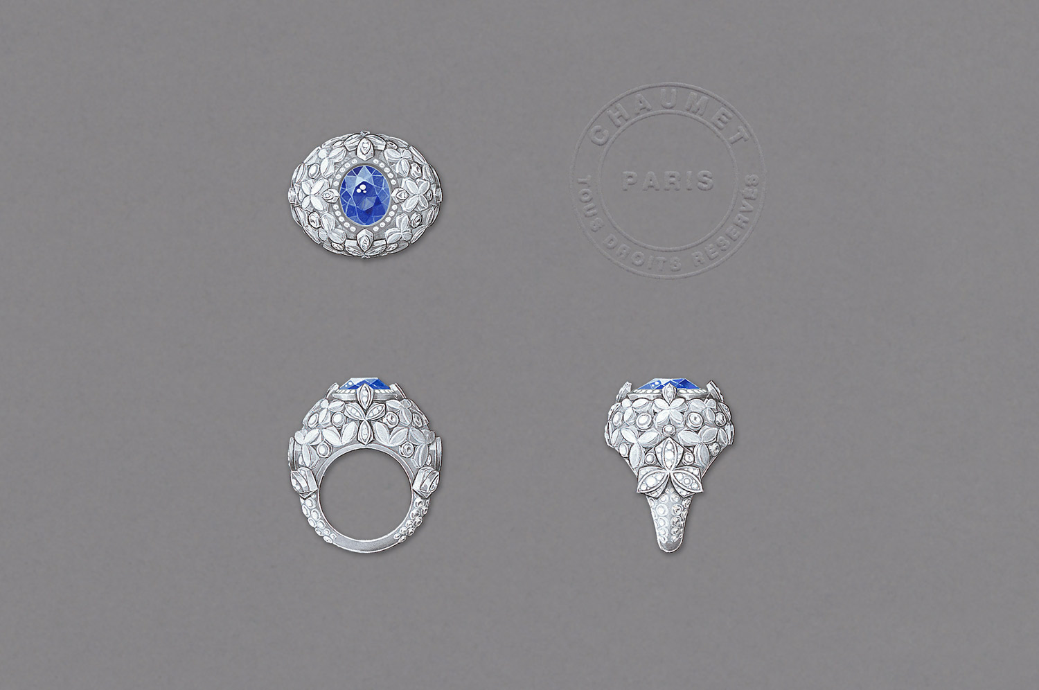 Эскиз кольца из коллекции Les Mondes de Chaumet из белого золота с цейлонским сапфиром 5.08cts и бриллиантами